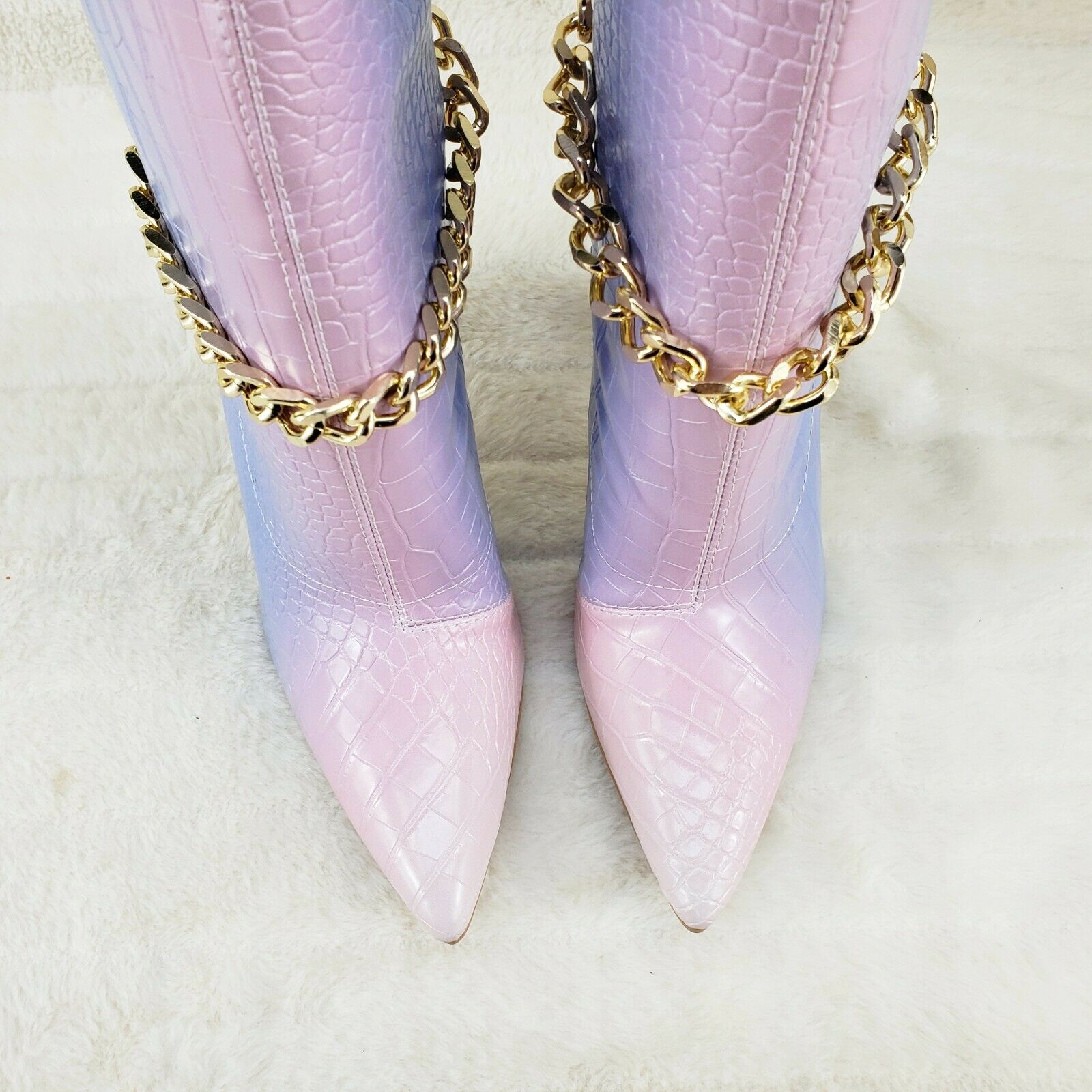 Venomous Pink Lilac Pointy Toe Spike Stiletto Heel Ankle Boots Gold Tone Chain - Totally Wicked Footwear