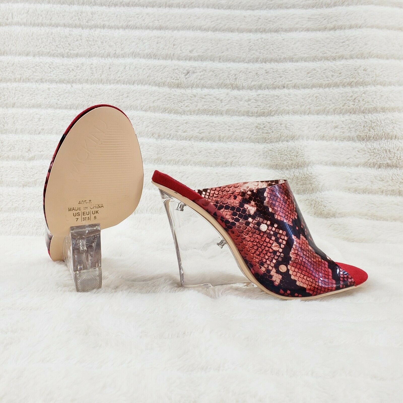 Mac J Red Transparent Snake Print Slip On Clog 5" Clear Acrylic Wedge Heels - Totally Wicked Footwear