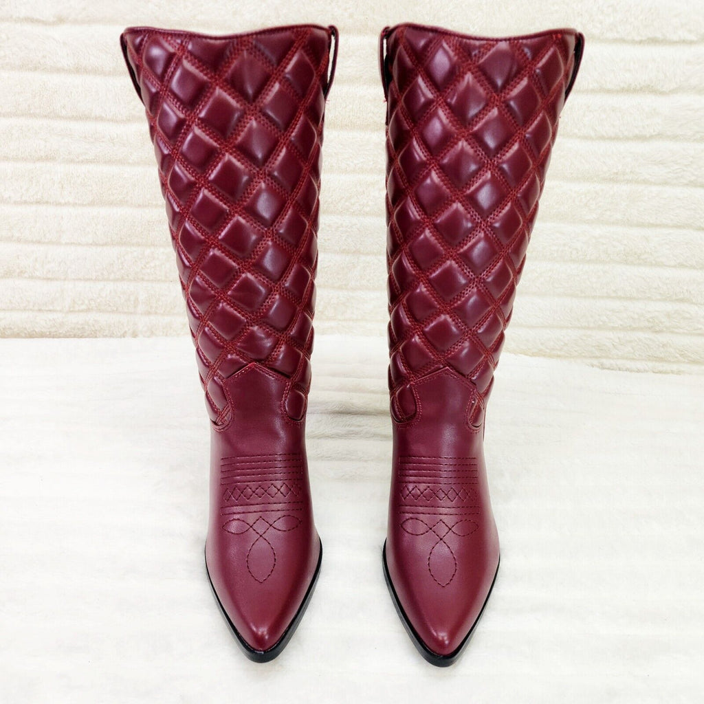 Bells Quilted Faux Leather Western Mid Calf Cowgirl Boots Burgundy Red - Totally Wicked Footwear