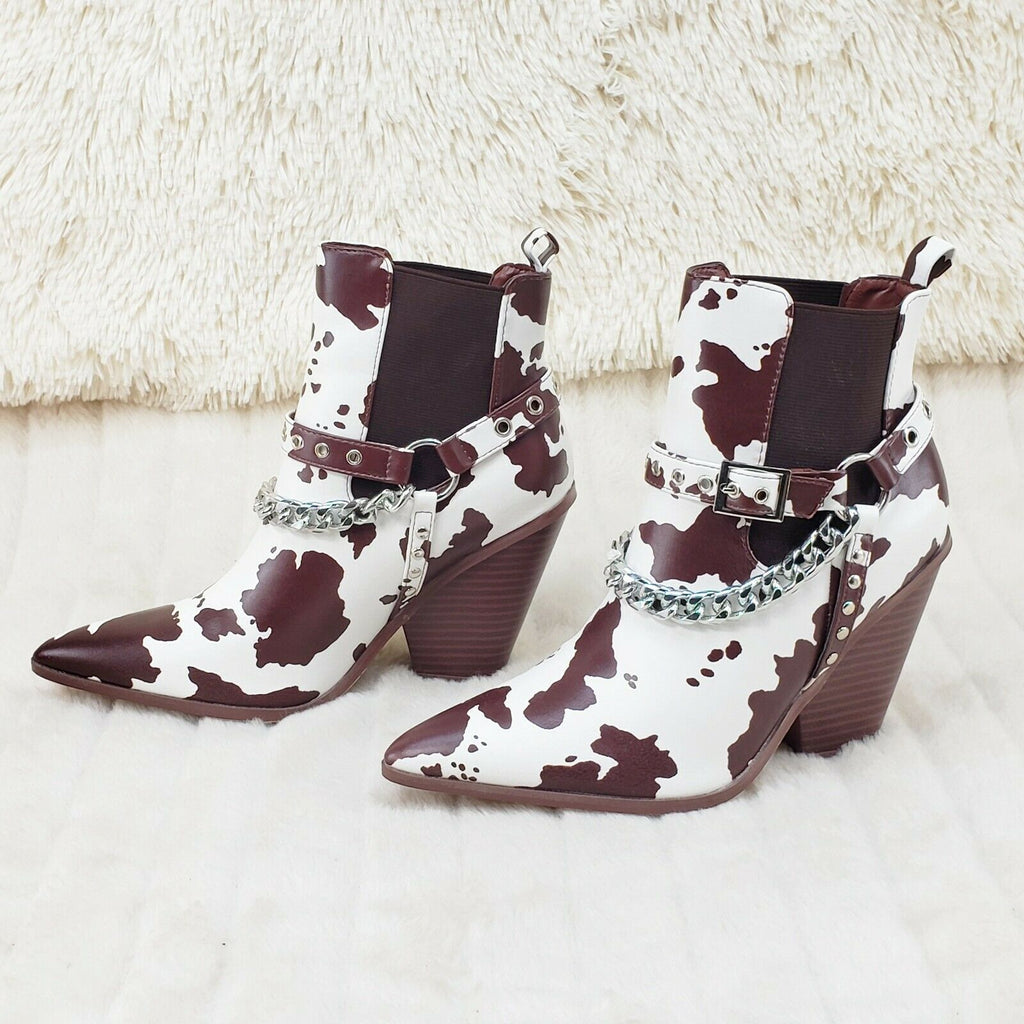 Dimitri Western Chain Strap Cowboy / Cowgirl Pull Ankle Boots Brown Cow Print - Totally Wicked Footwear