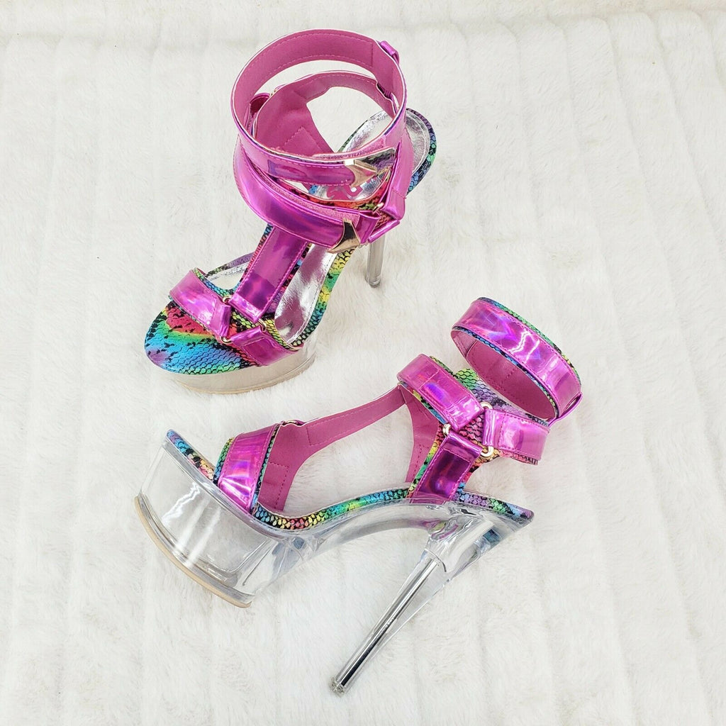 Xapala Fuchsia Hologram Harness Strap Clear Platform Shoes - Totally Wicked Footwear