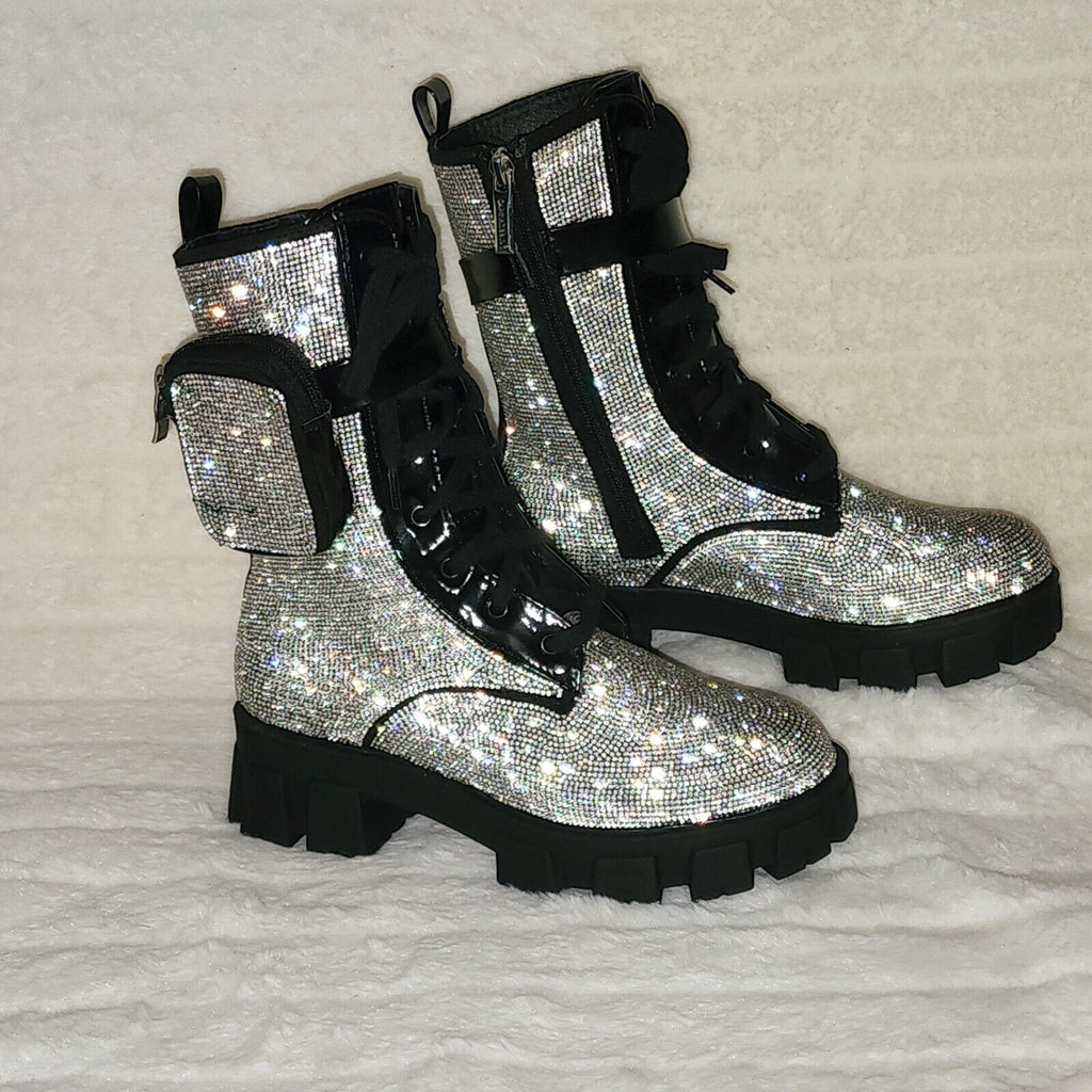 FIERCE FASHION Black Iridescent Rhinestone Side Purse Pouch Combat Ankle boots - Totally Wicked Footwear