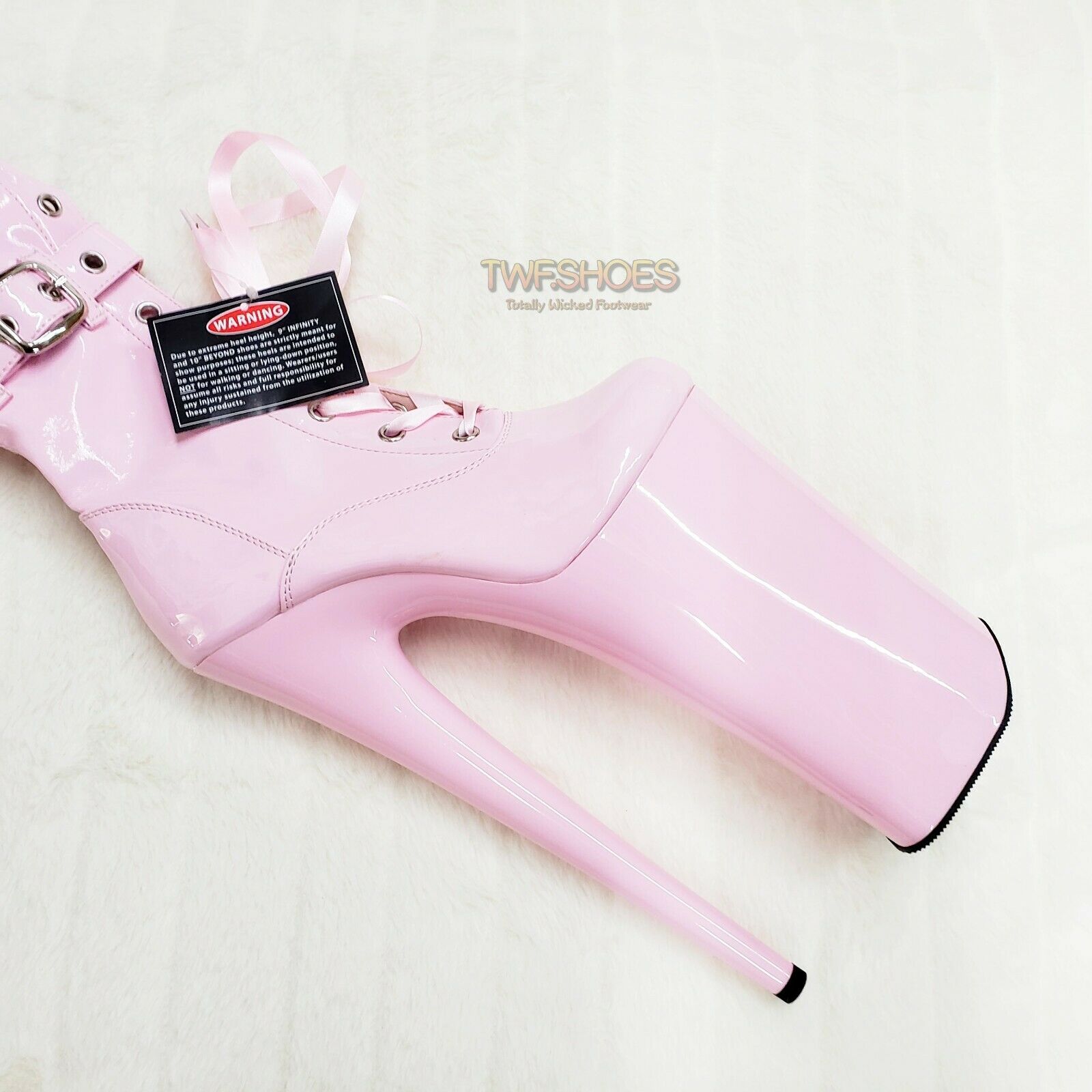 Beyond 3028 Lace Up Thigh High Baby Pink Patent Boots 10" Heels US Sizes NY - Totally Wicked Footwear