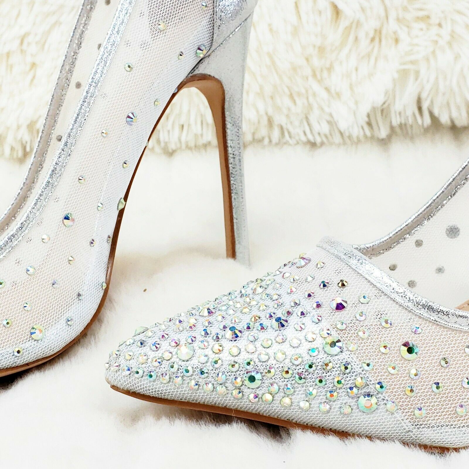 Krayzie Silver Mesh Jeweled 4.5" High Heel Stiletto Shoes Pointy Toe Pumps 6-10 - Totally Wicked Footwear