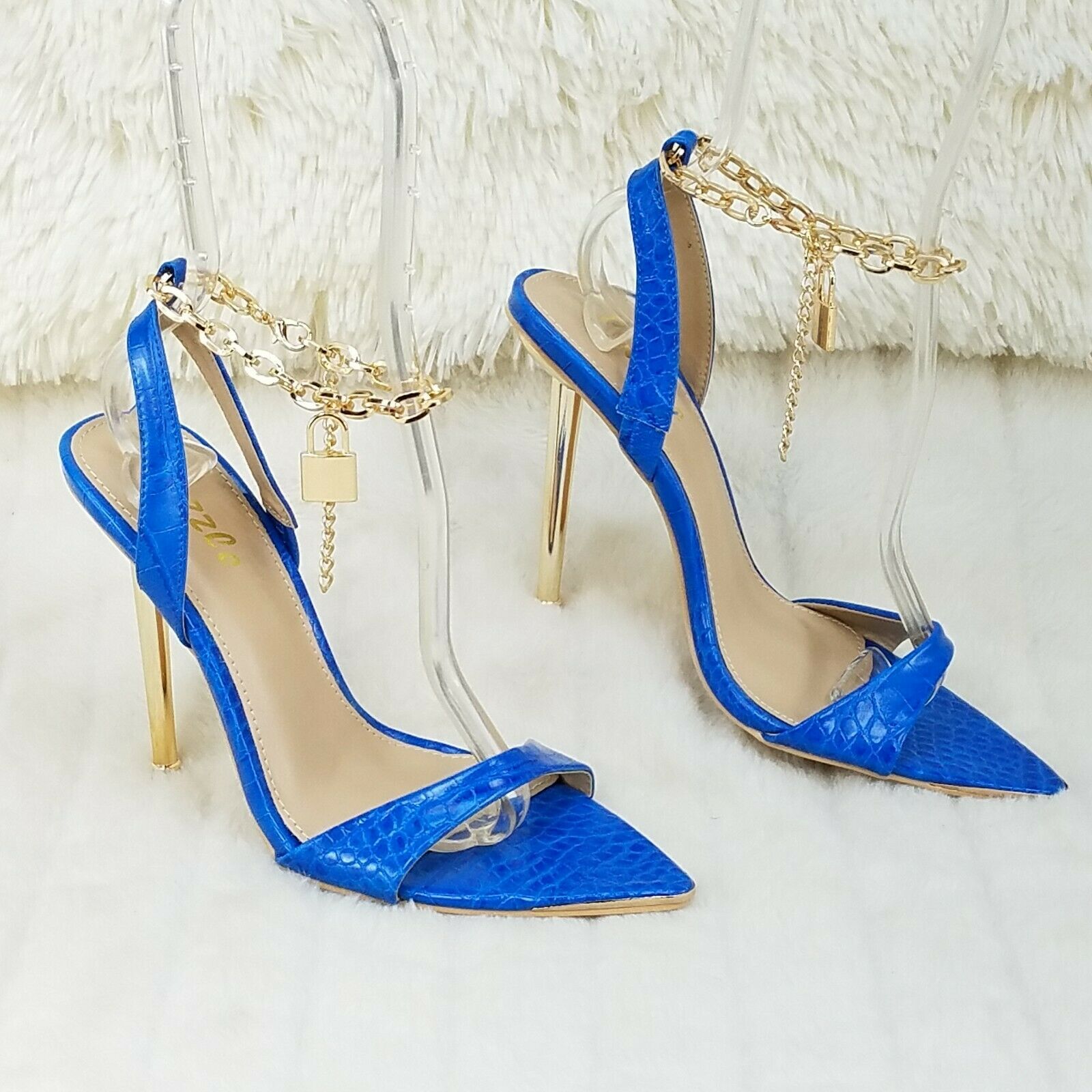 Nicely Pad Lock Chain Strap High Heels Metal Toe Tip Shoes Turquoise Blue - Totally Wicked Footwear