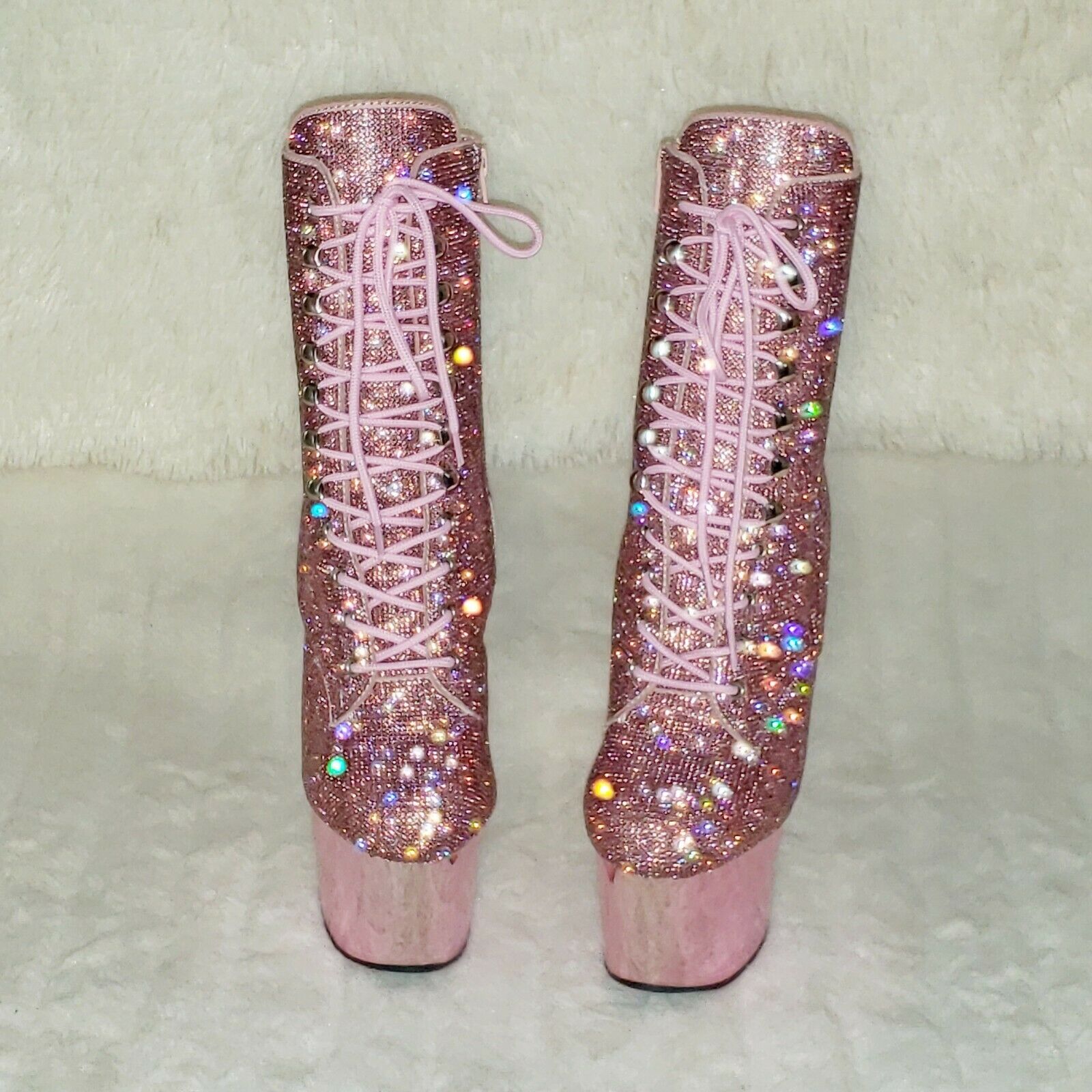 Adore 1020CHRS Bejeweled Lace Up 7" High Heel Chrome Platform Ankle Boots NY - Totally Wicked Footwear