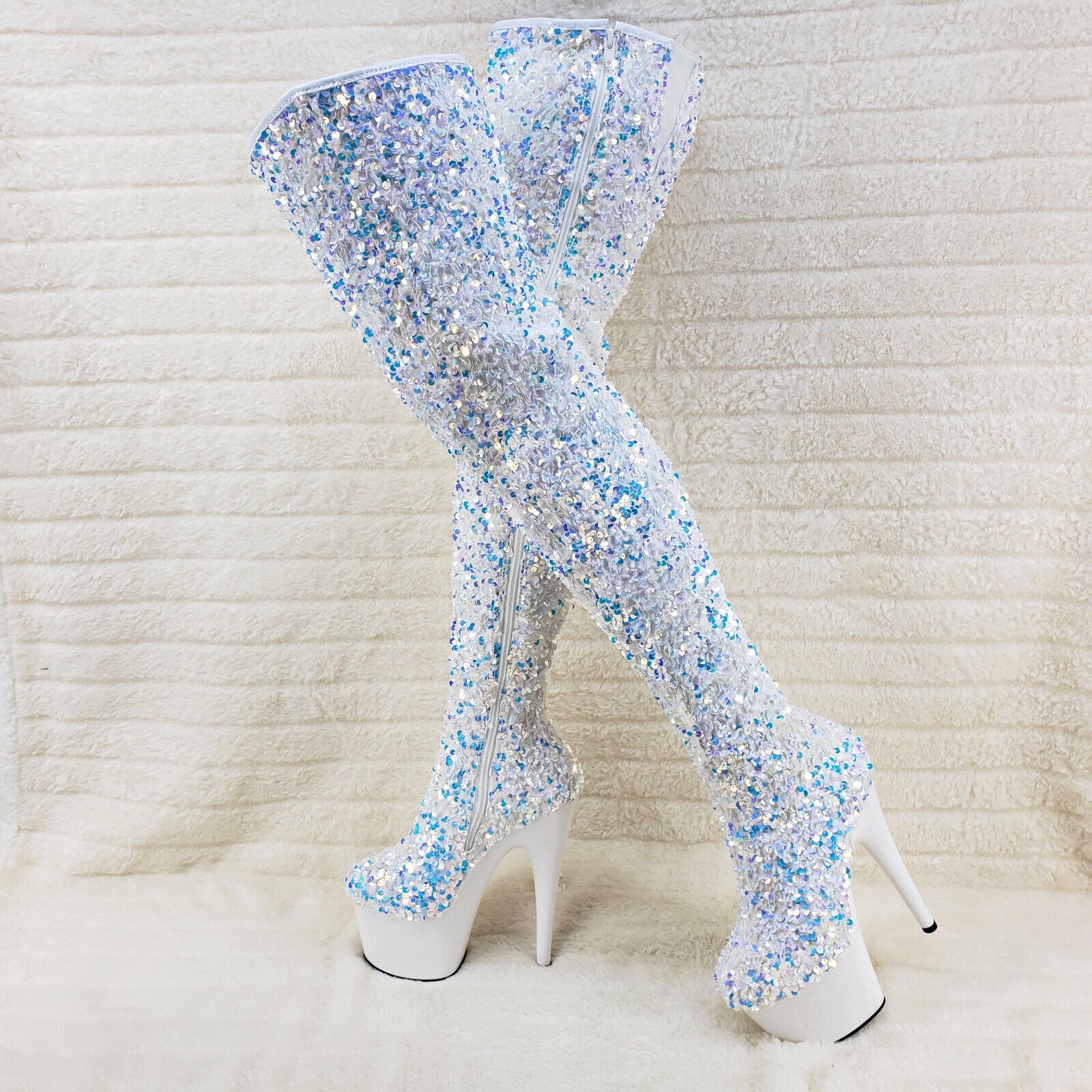 Adore 3020 White Multi Sequin High Heel Platform Thigh High Boots US Sizes NY - Totally Wicked Footwear