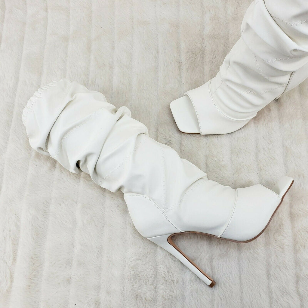 Victoria Bone White Square toe Mid Calf Adjustable Slouch Scrunch Pull On Boots - Totally Wicked Footwear