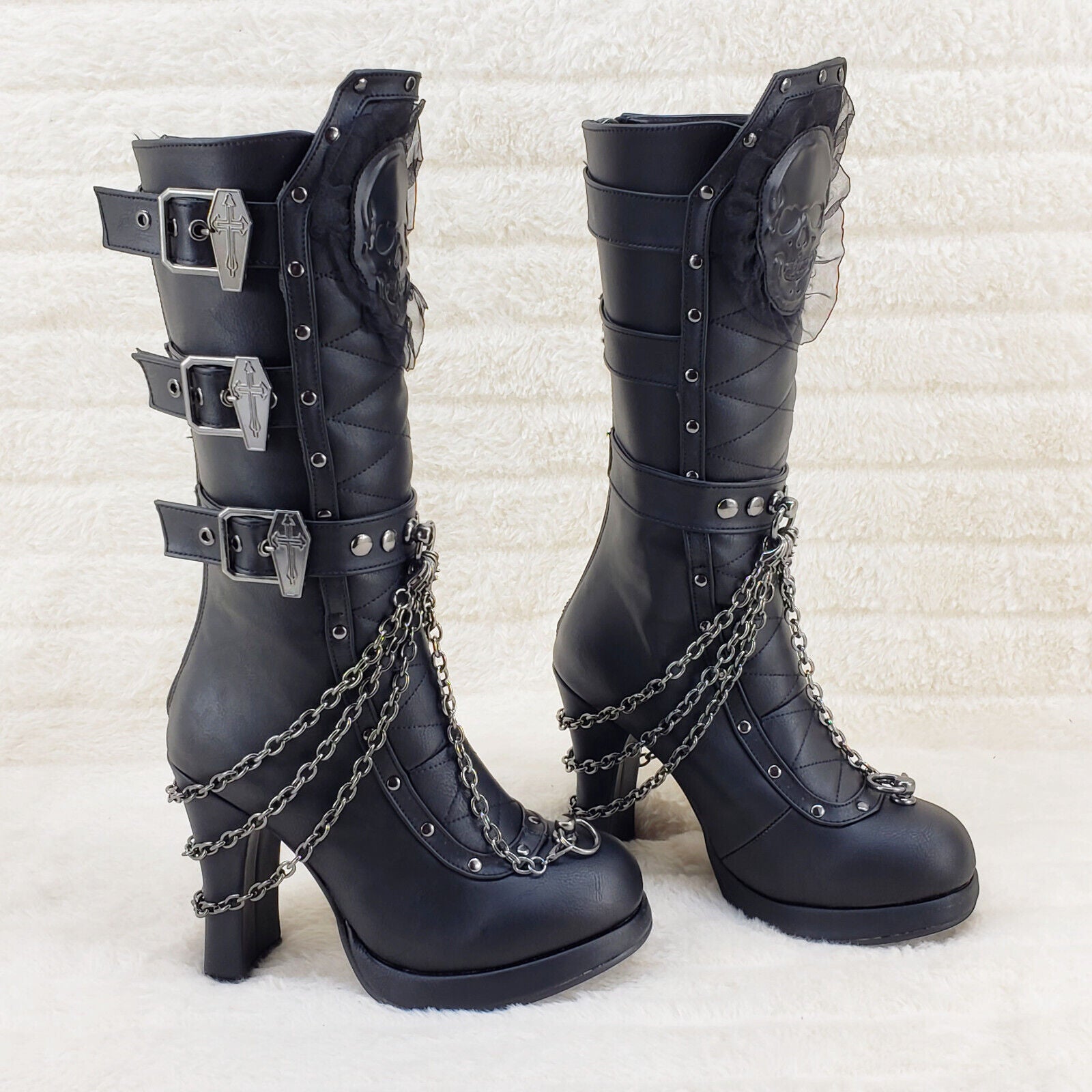Crypto 67 Coffin Skull & Chain Black Mid Calf Platform Heel Gothic Boots NY - Totally Wicked Footwear