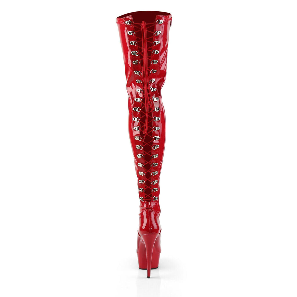 Delight 3063 Back Lace Thigh High Platform Boots 7" High Heels Red Patent - Totally Wicked Footwear