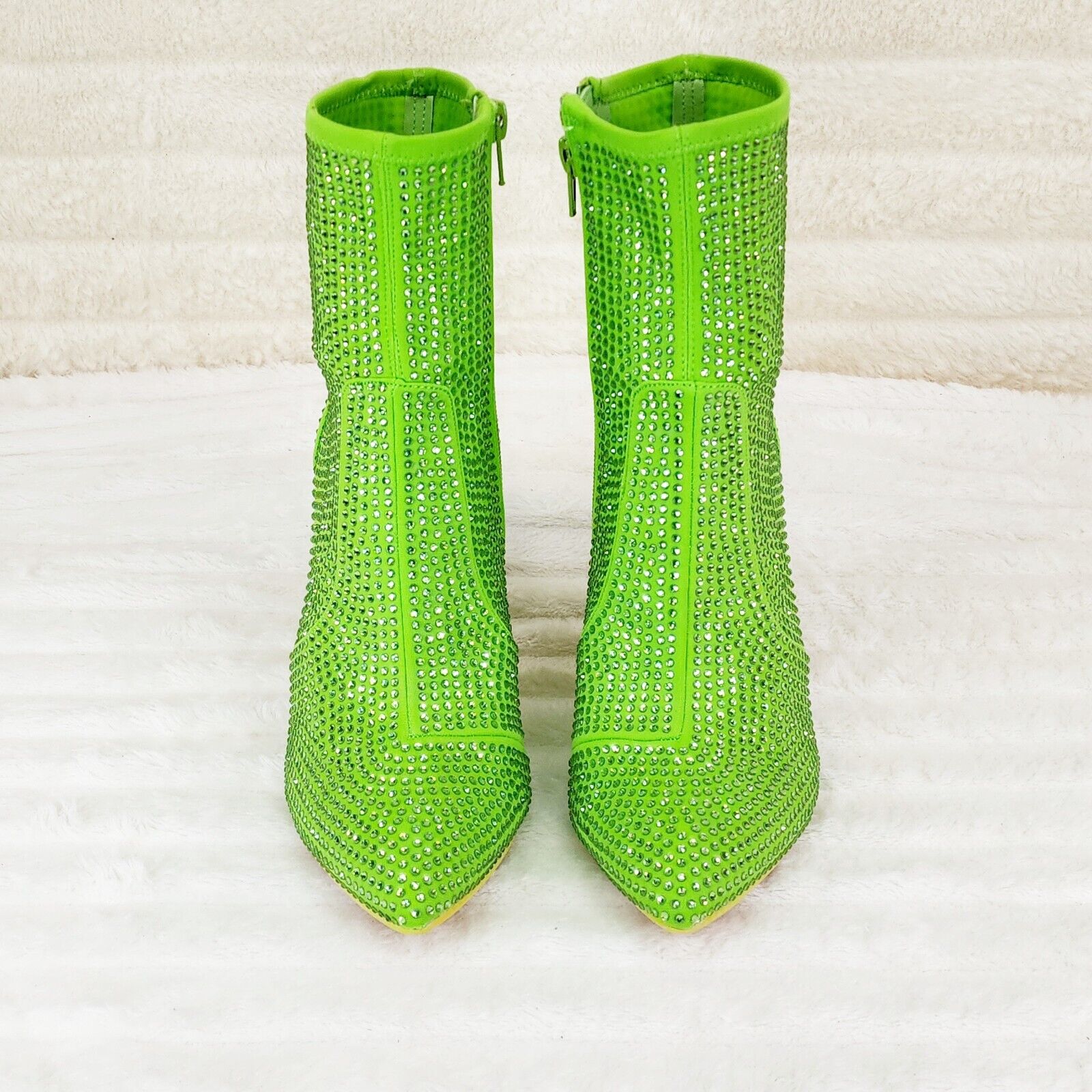 Stunning Fuchsia Bright Green Lime Stretch Rhinestone Ankle Boots 3.5" Heels New - Totally Wicked Footwear