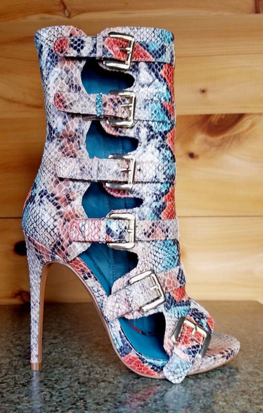 Nelly Bernal Lola Copper Teal Multi Snake Open Toe 4.75 Heel Ankle Boot ...