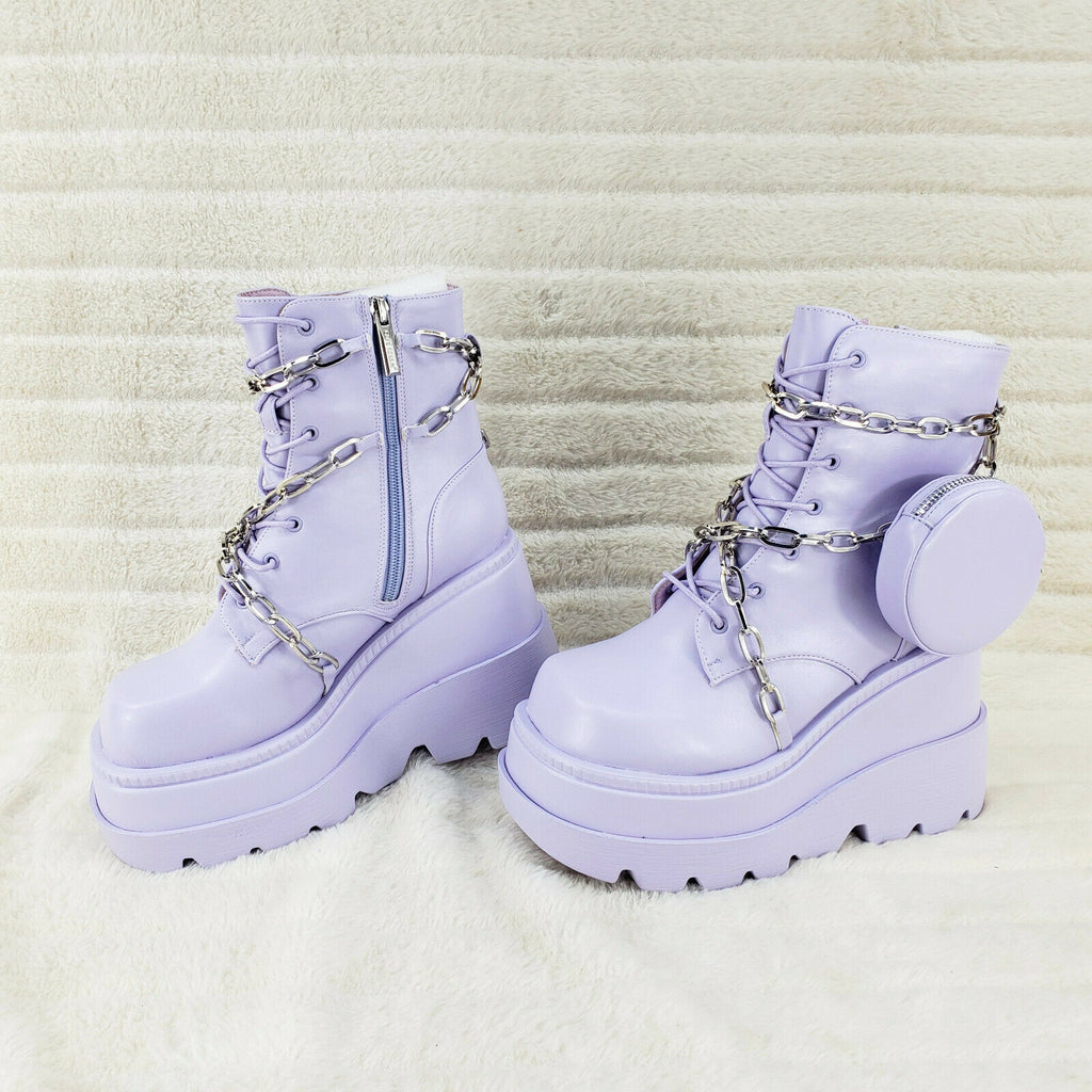 Vibrate Lilac Purple Platform 4.5" Wedge Heel Ankle Boots Chain & Storage Pouch - Totally Wicked Footwear