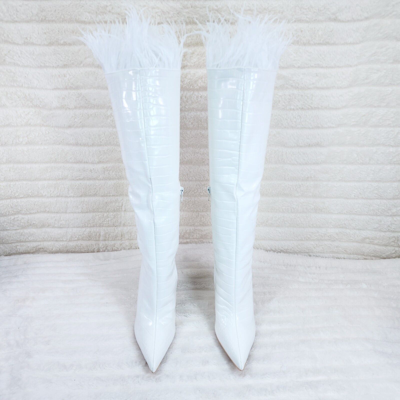 Flirty White Snake Texture Knee High Heel Stiletto Boots Sexy Feather Top - Totally Wicked Footwear