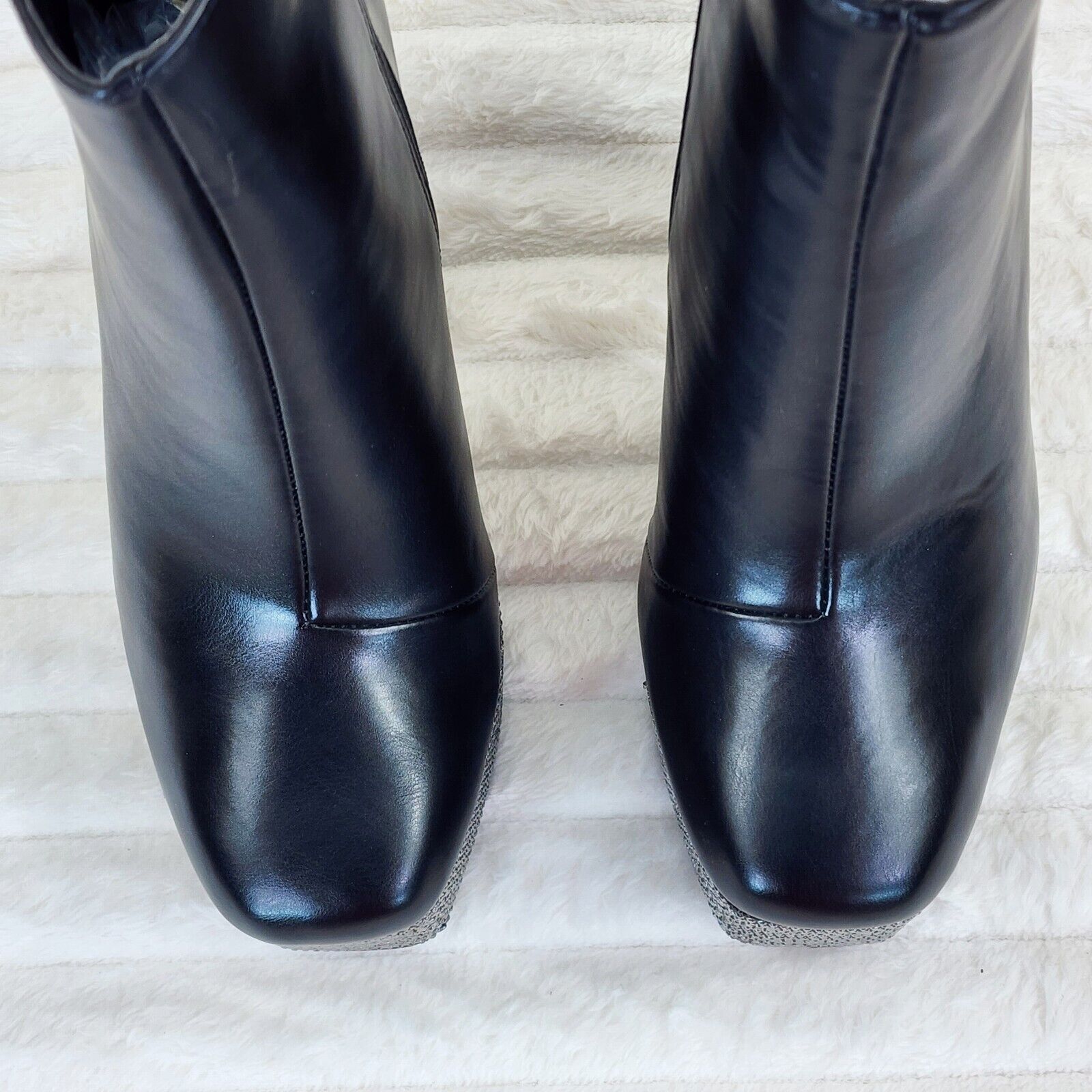 Nikki BLack Leatherette Rhinestone Platform Chunky Heel Ankle Boots - Totally Wicked Footwear