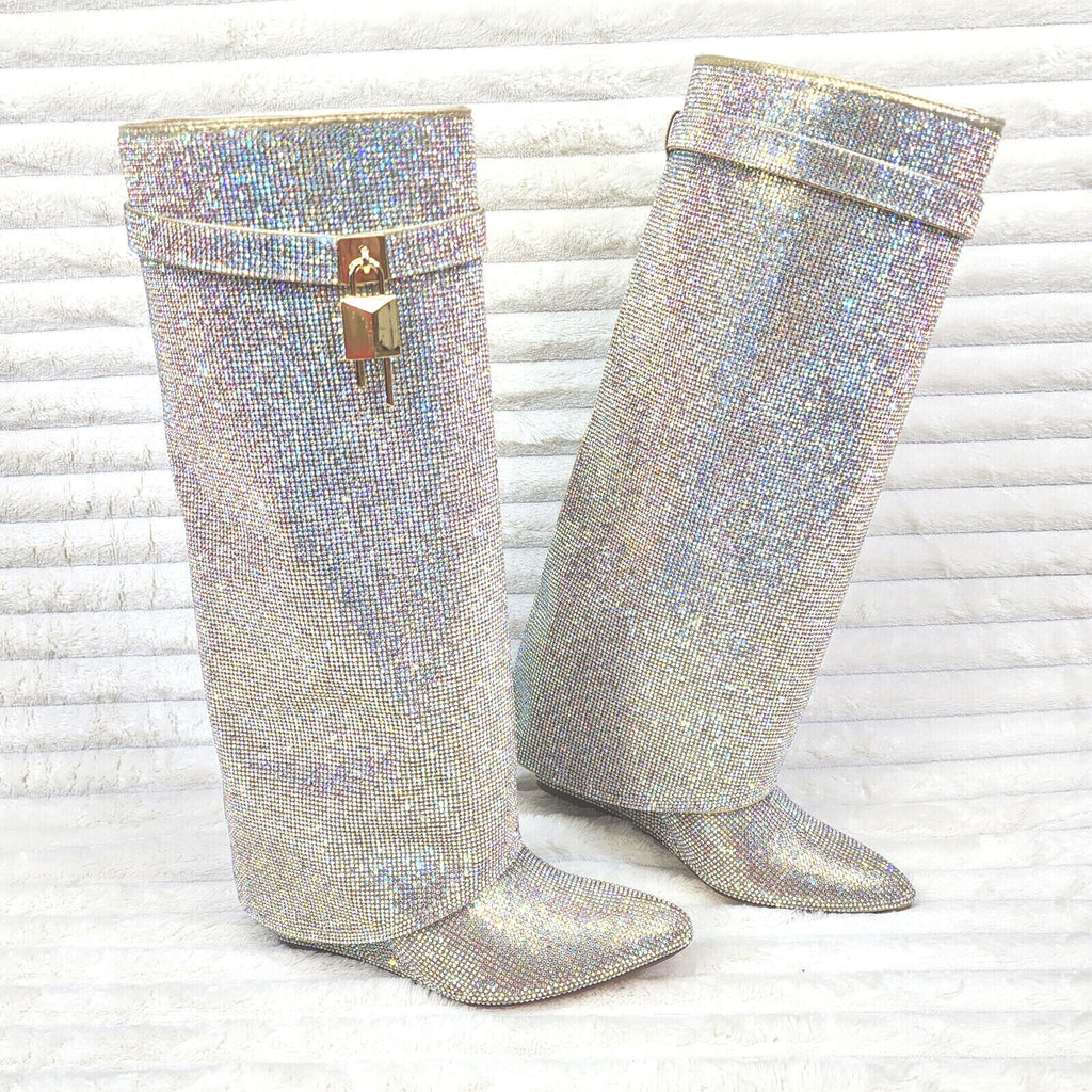 Super Sparkle Sharky Skirted Fold Over Wedge Heel Knee Boots - Totally Wicked Footwear