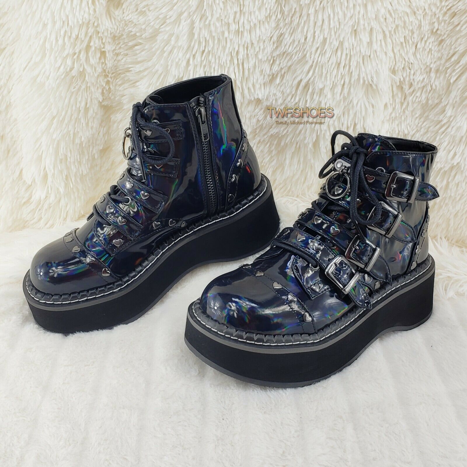 Demonia Emily 315 Black Holo Patent Heart Stud 2" Platform Ankle Boot Shoes NY - Totally Wicked Footwear