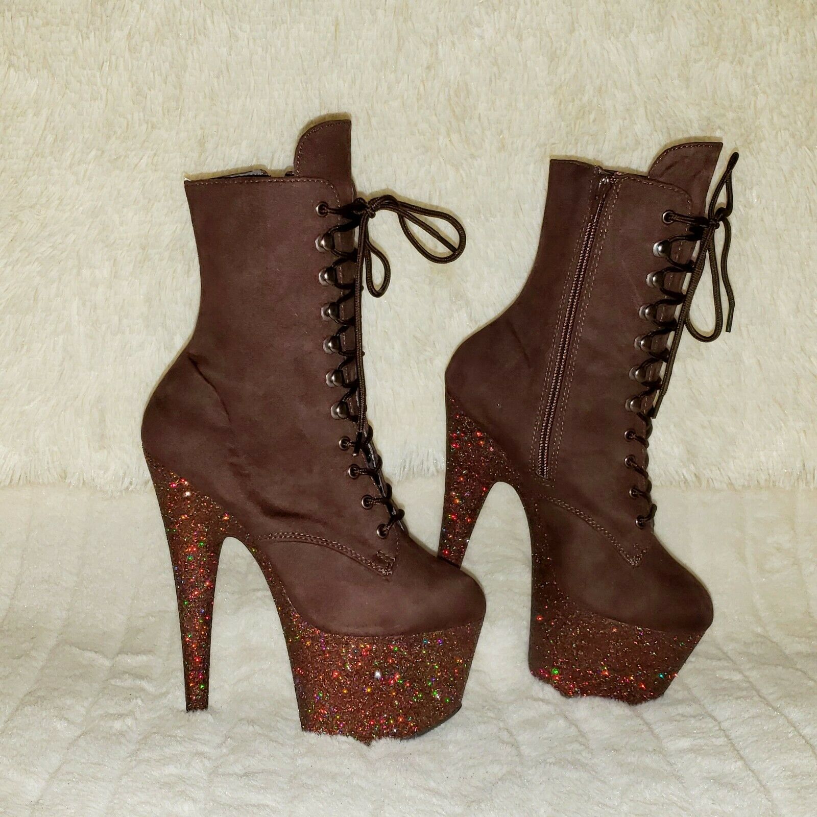 Adore 1020FSMG Brown Mocha V Suede & Glitter 7" High Heel Platform Ankle Boot NY - Totally Wicked Footwear
