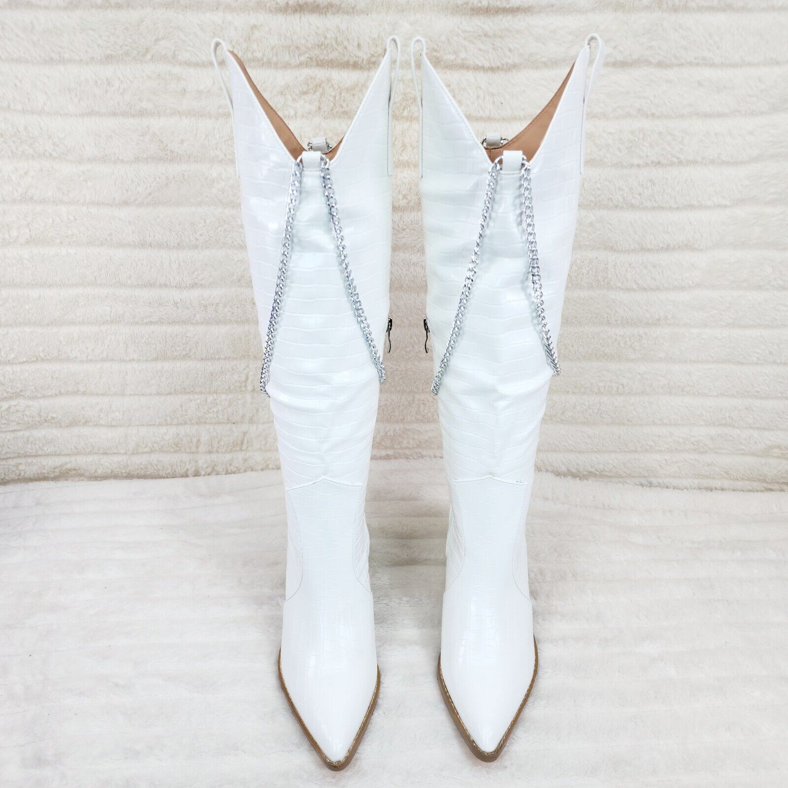 Dallas White Snake Texture Western Knee High Draped Chain Cowgirl Boots - Totally Wicked Footwear