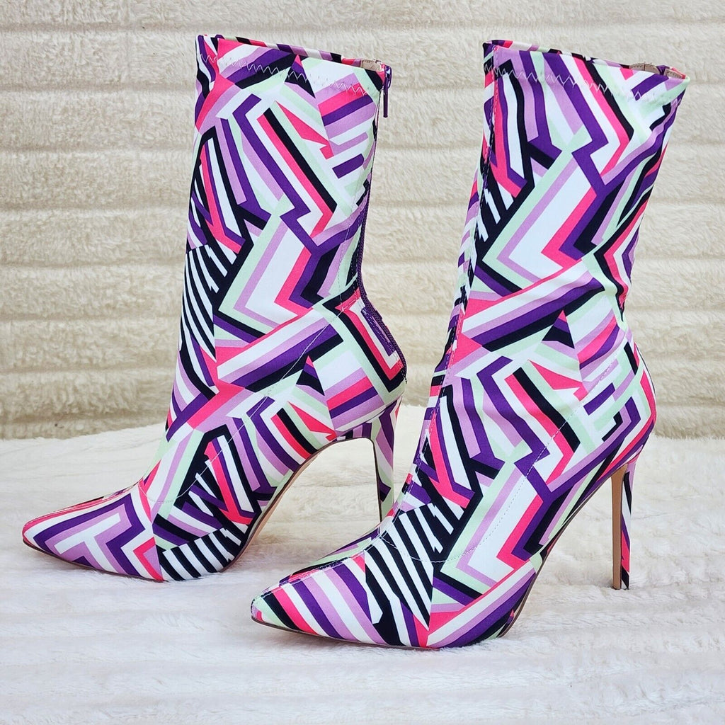 Odin Crazy Wild Color Pattern High Heel Stretch Fabric Ankle Boots - Purple Pink - Totally Wicked Footwear
