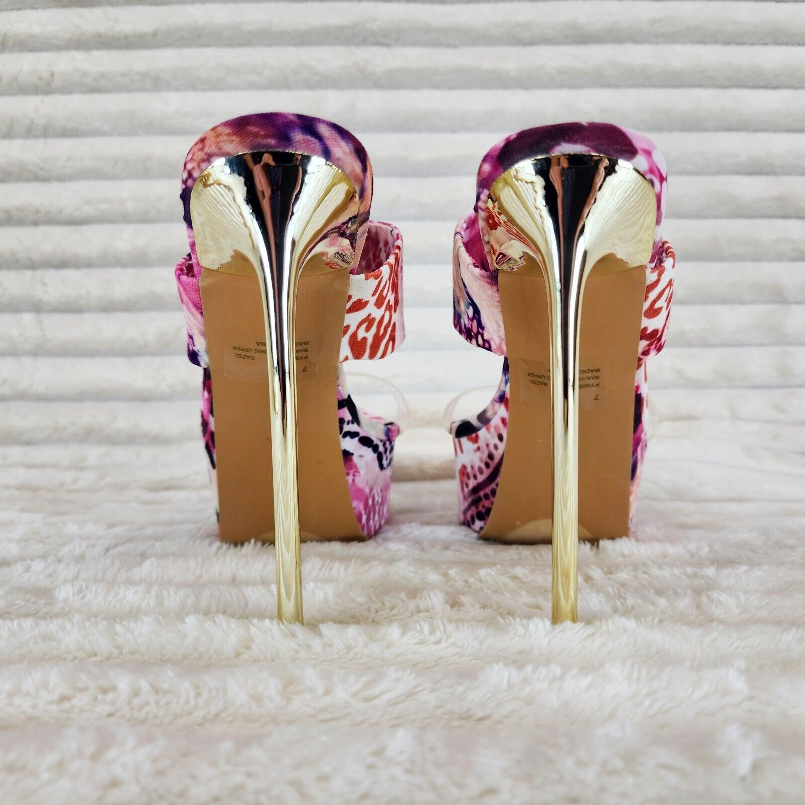 Razz Slip On High Heel Clogs Mules Slides Multi Color Print Gold Tone Stiletto - Totally Wicked Footwear