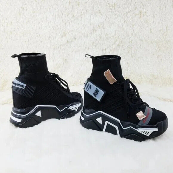 Wang Damson Pull On Knit Platform Sneaker Boots 4" Hidden Wedge Black Knit - Totally Wicked Footwear