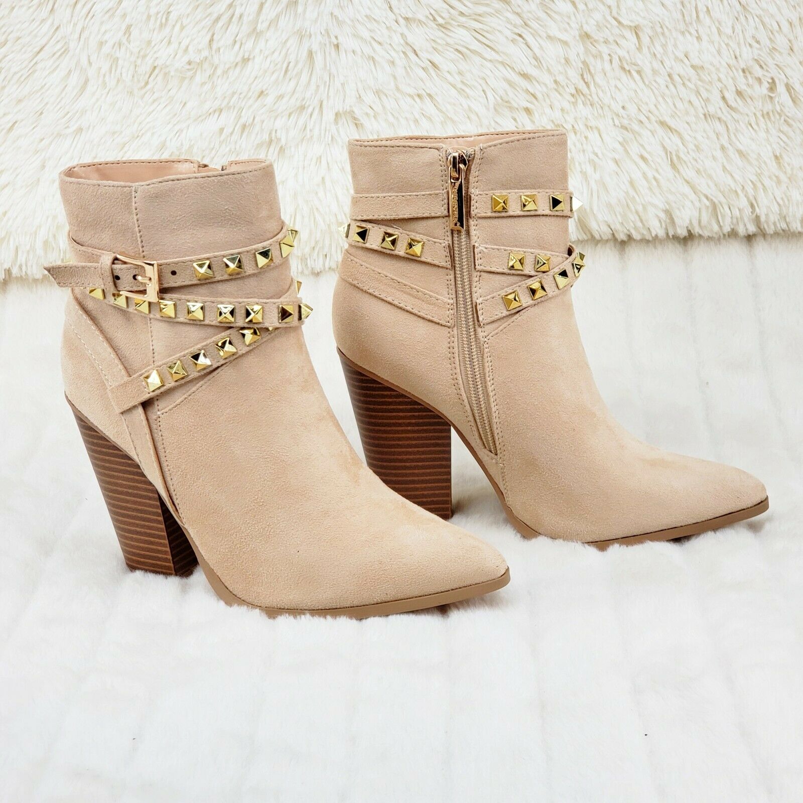 Classic Western Designer Cowboy Style Studded Strap Ankle Boots Nude 6-11 - Totally Wicked Footwear