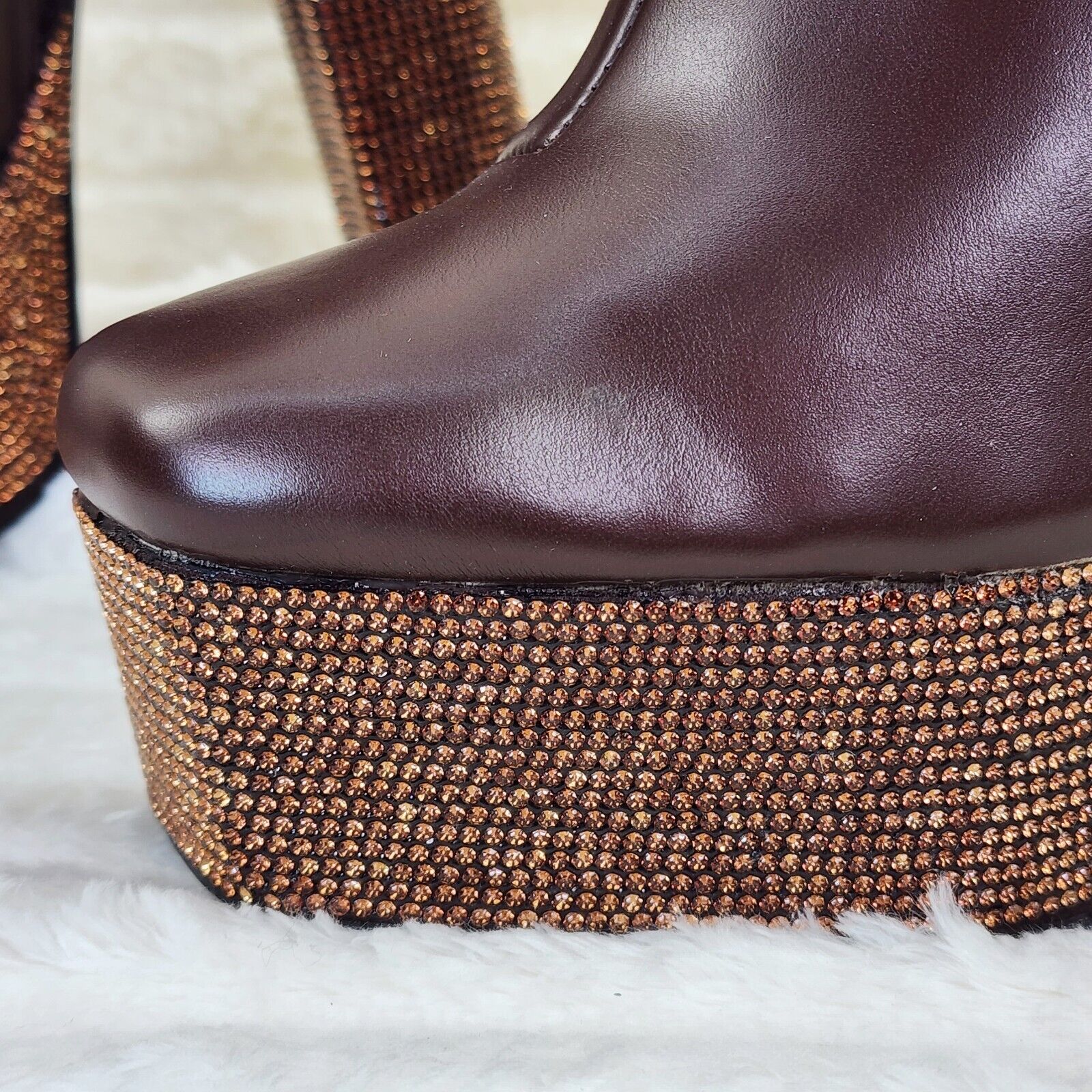 Nikki Brown Leatherette Rhinestone Platform Chunky Heel Ankle Boots - Totally Wicked Footwear