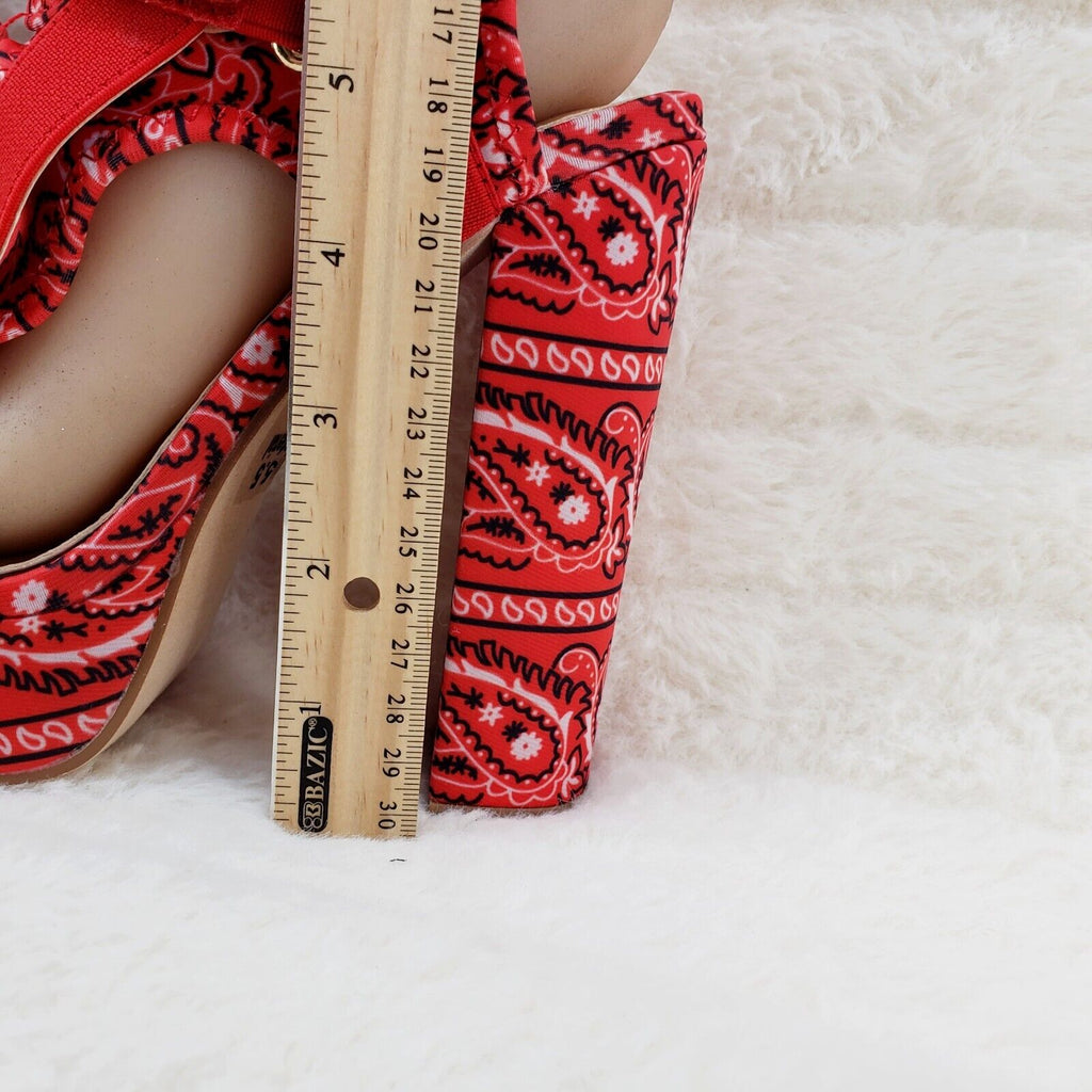 Red Bandanna  5.5" Chunky High Heel Harness Strap Shoe US Sizes 5.5-11 Bandana - Totally Wicked Footwear