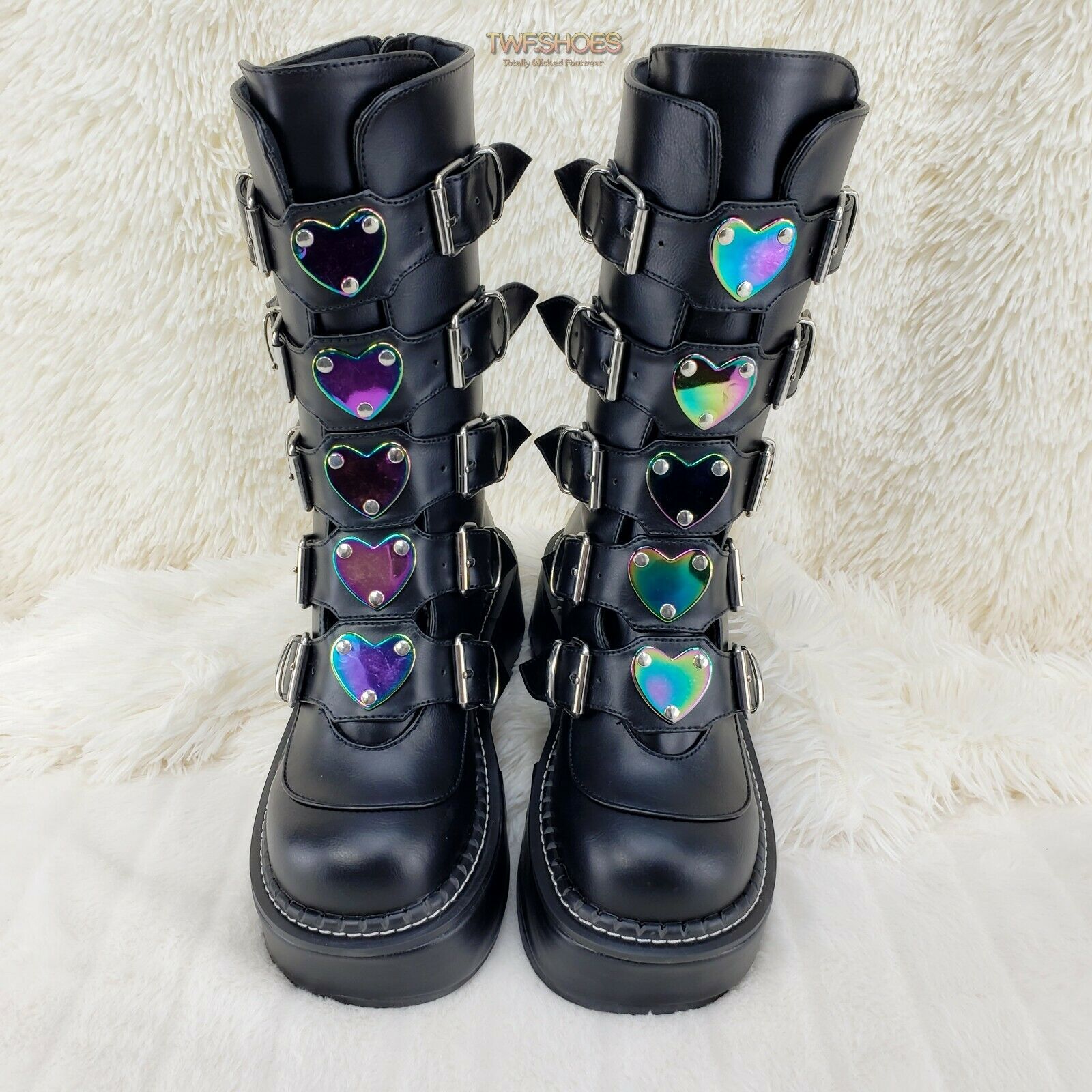 Demonia Emily 330 Black Matte 2" Platform Metal Heart Plate Combat Boots 6-12 NY - Totally Wicked Footwear