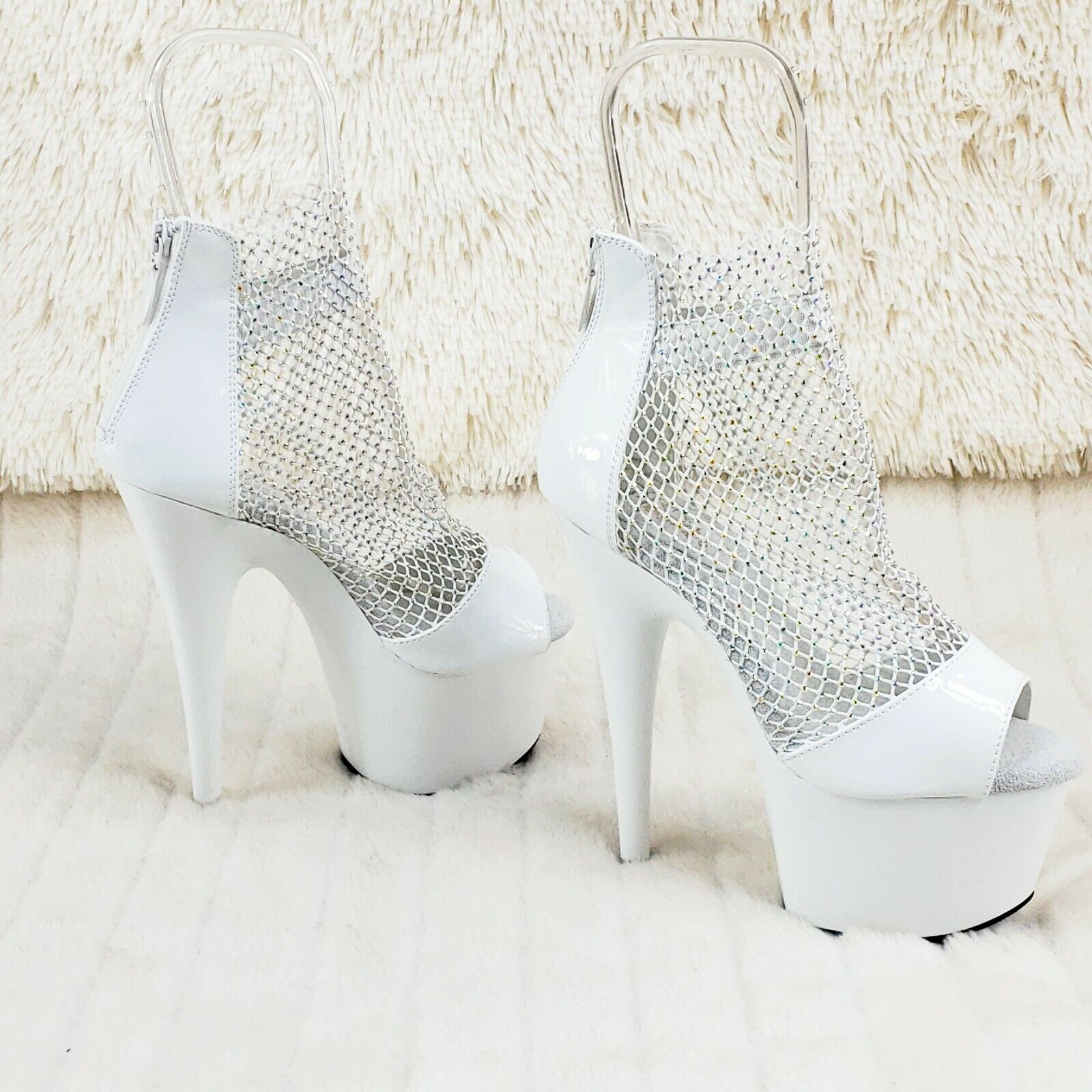 Adore 765RM White Patent Rhinestone Mesh Platform Sandals 7" High Heel Shoes NY - Totally Wicked Footwear