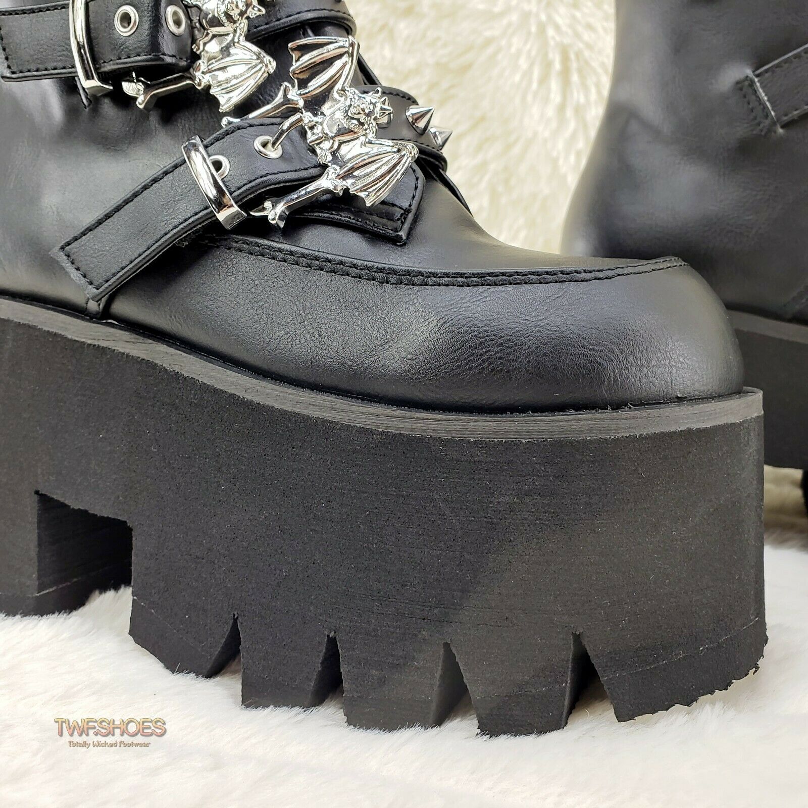 Demonia Ashes 55 Black Bat Buckle 3.5" Platform Heel Goth Boots RESTOCKED NY - Totally Wicked Footwear