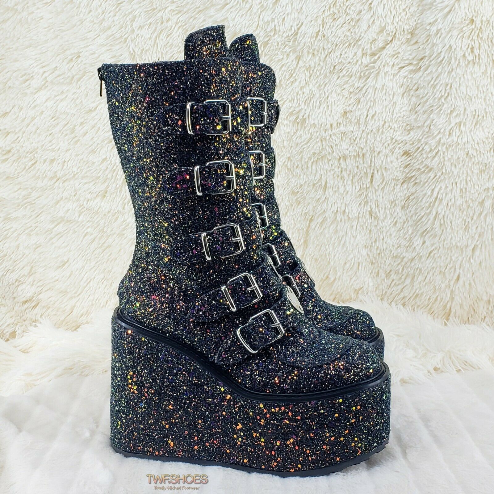 Swing 230G Black Glitter Platform Boots Heart Strap Goth Punk 6-12 Restocked NY - Totally Wicked Footwear