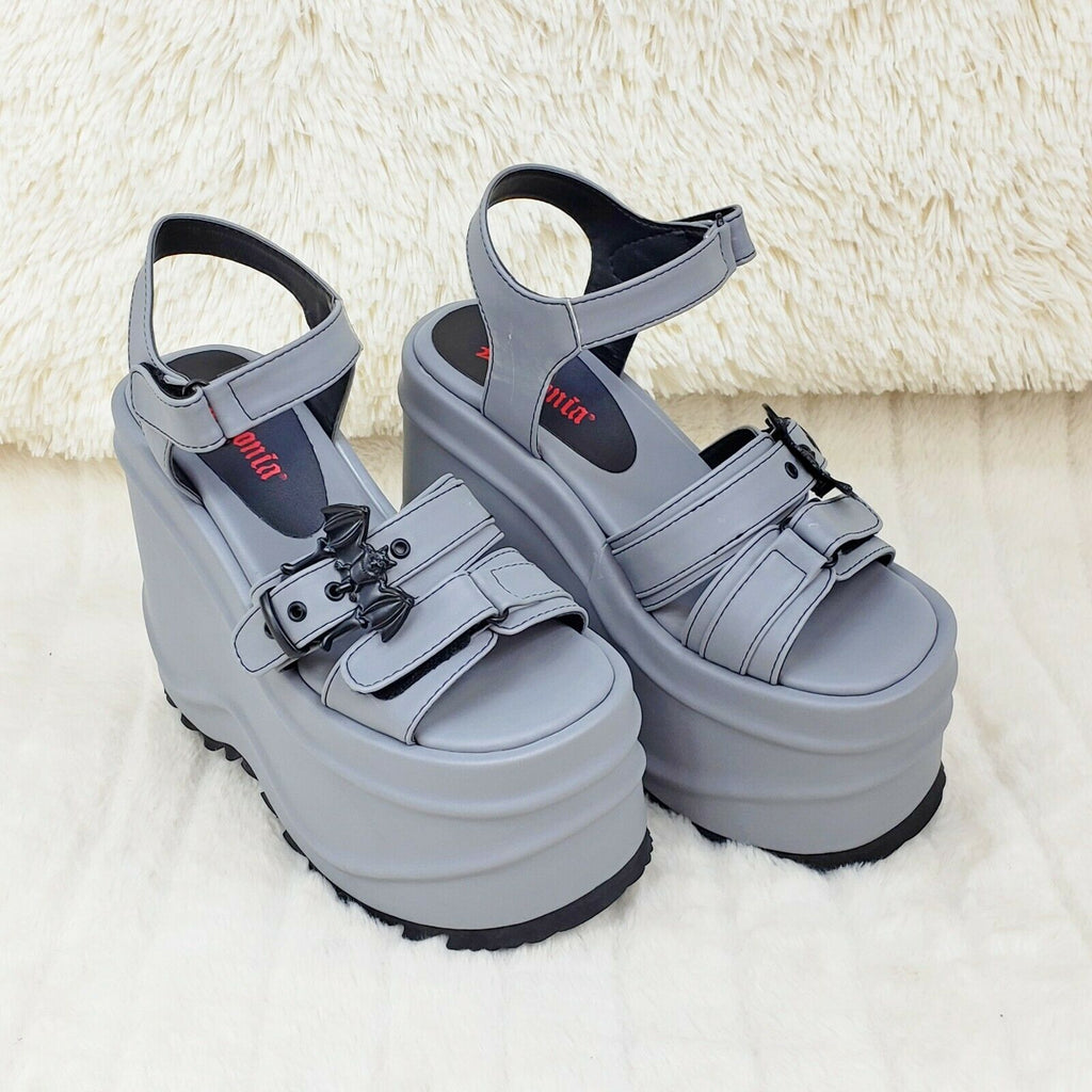 Wave 13 - 6" Platform Goth Bat Buckle Closure Sandals Shoes Gray Reflective NY - Totally Wicked Footwear