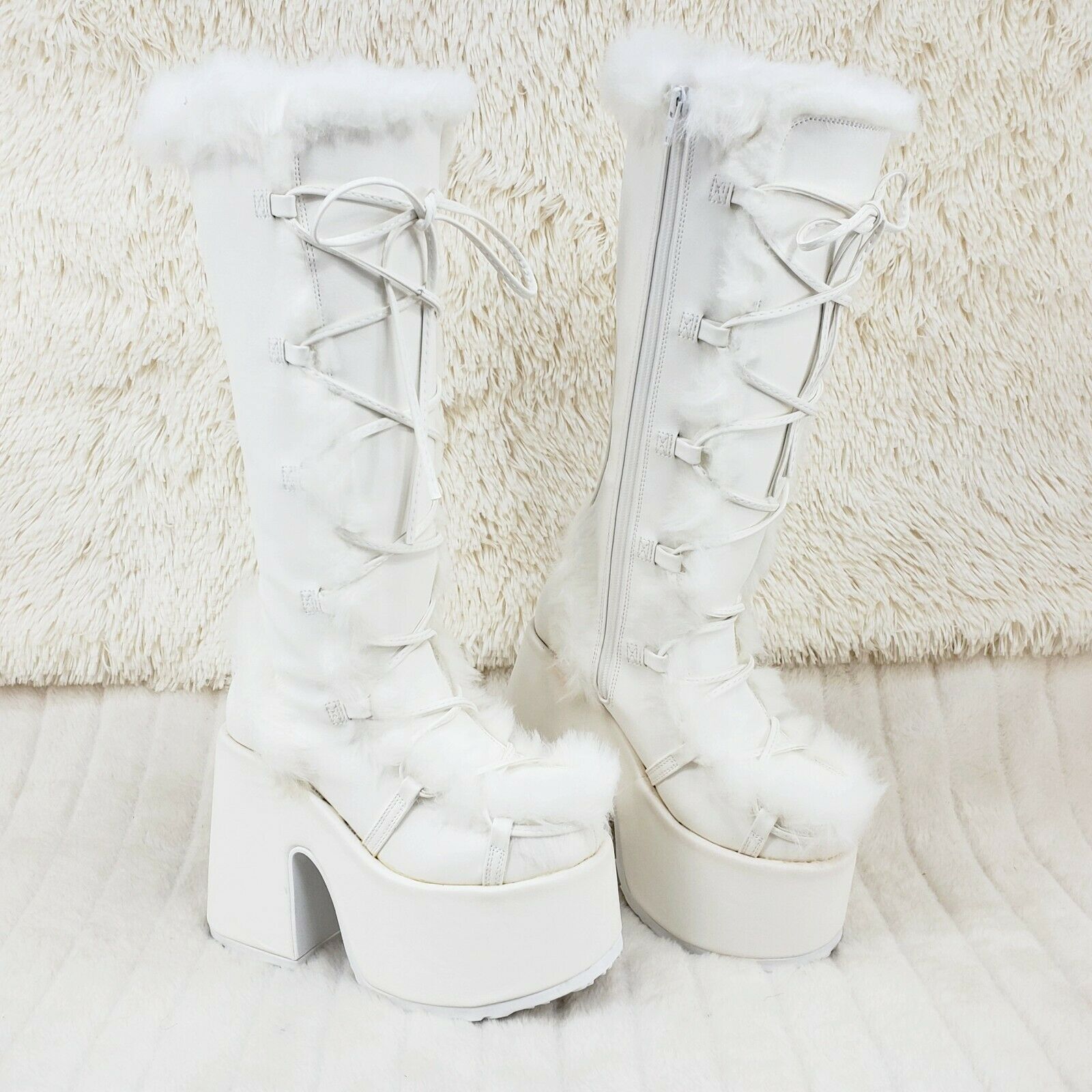 Demonia 311 Camel Stacked White Mammoth Platform Goth Punk Knee Boots NY Restock - Totally Wicked Footwear