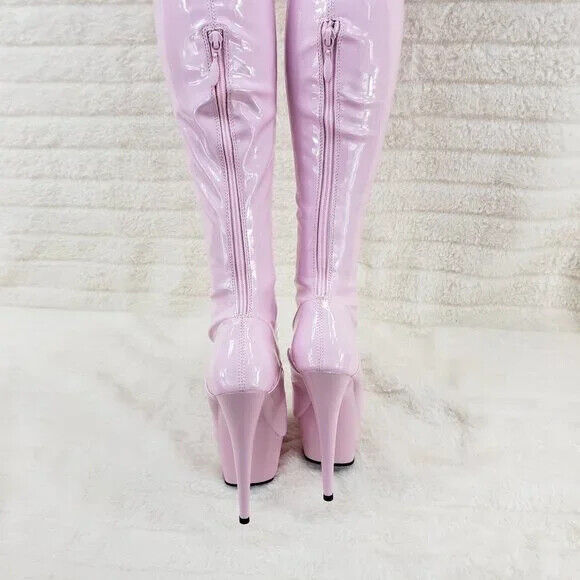 Baby Pink White Patent Platform Thigh High Heel Front Zipper Lace up Boots 3027 - Totally Wicked Footwear