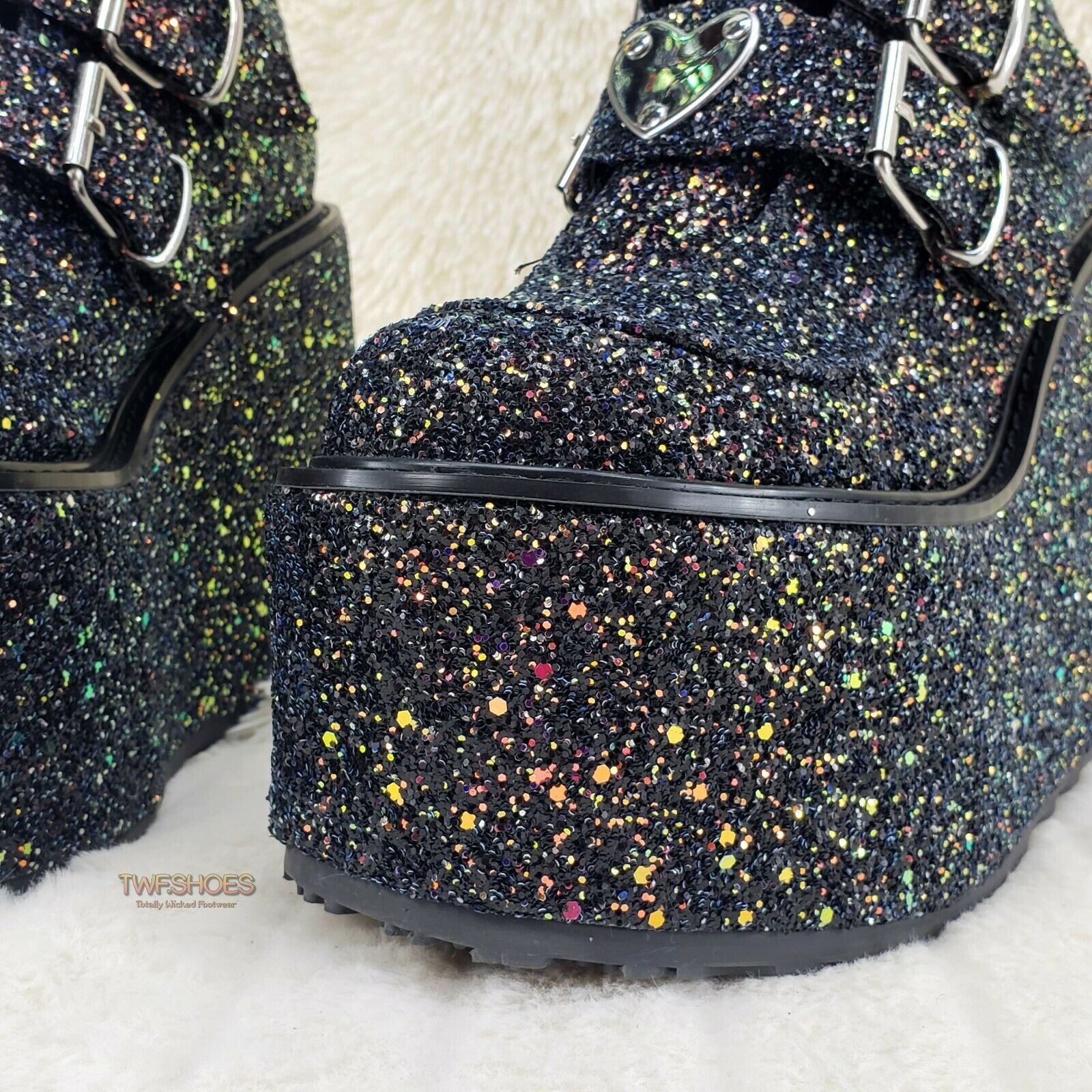 Swing 230G Black Glitter Platform Boots Heart Strap Goth Punk 6-12 Restocked NY - Totally Wicked Footwear