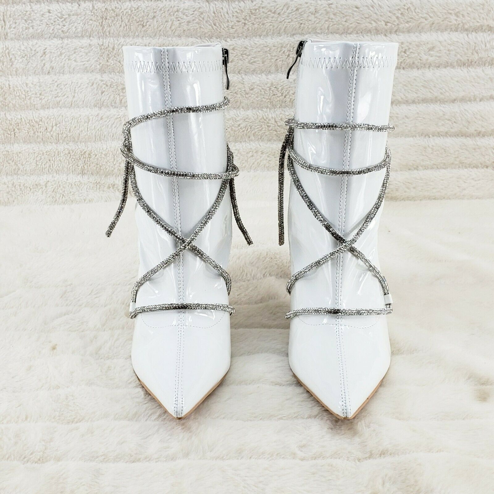 Destiny White Stretch Patent Cable Rhinestone Strap High Heel Ankle Boots - Totally Wicked Footwear