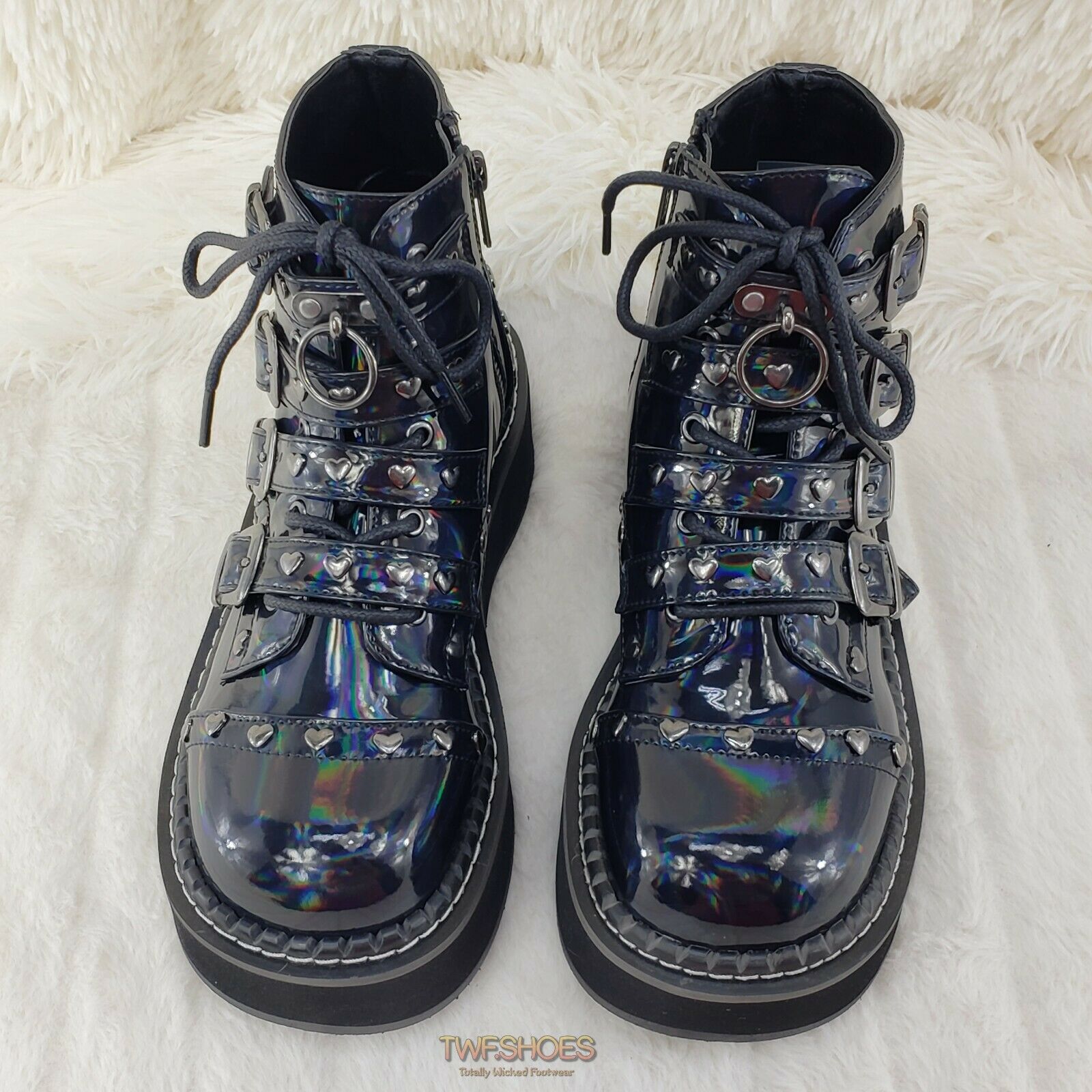 Demonia Emily 315 Black Holo Patent Heart Stud 2" Platform Ankle Boot Shoes NY - Totally Wicked Footwear