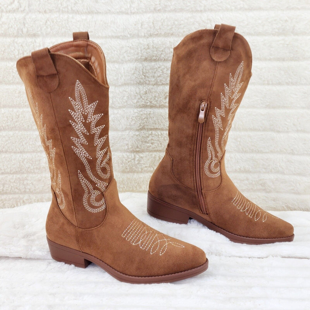 Bella Western Mid-calf Cowboy Cowgirl Boots Tan Low 1.5" Heels Tan Faux Suede - Totally Wicked Footwear