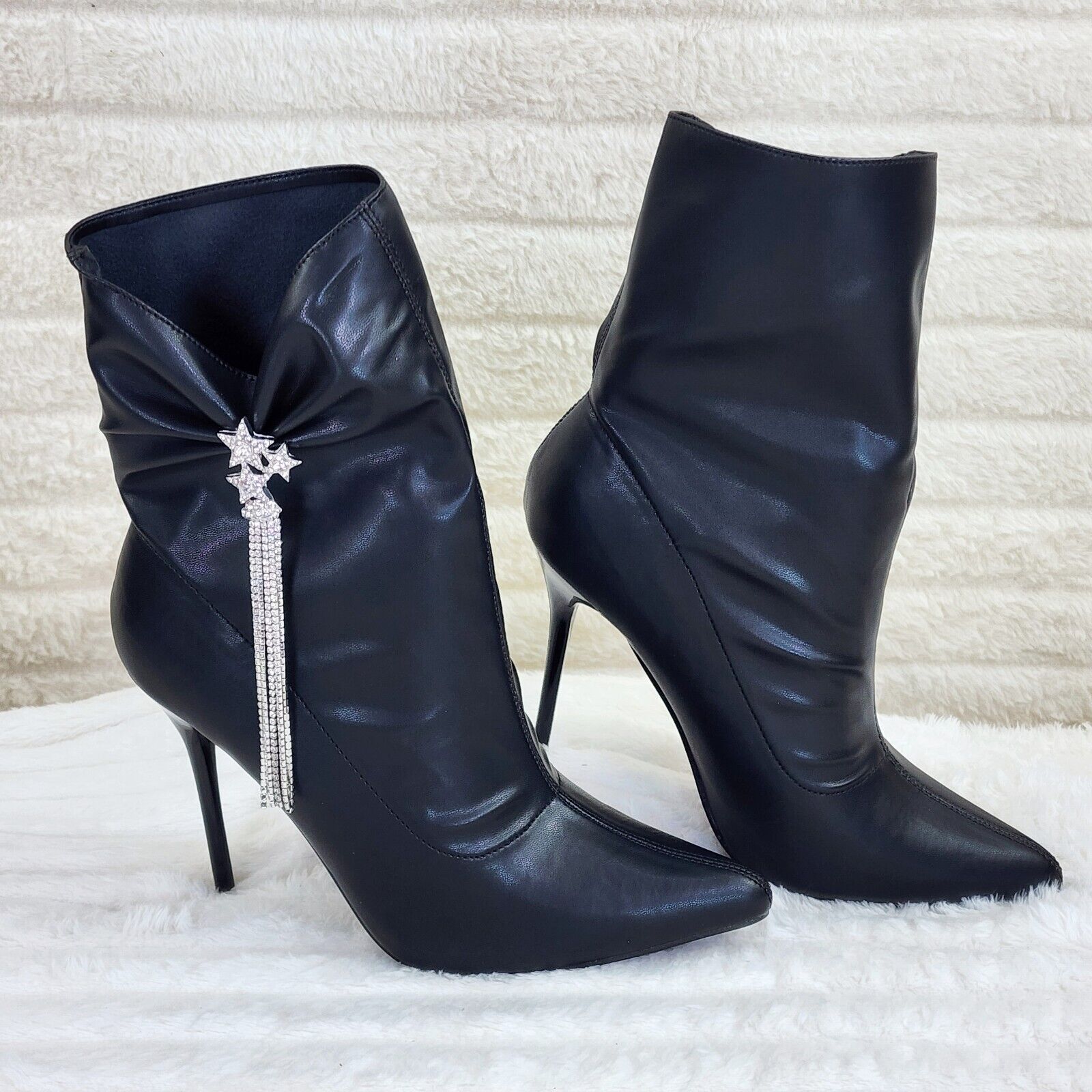 Sherry Black Pull on Drape Rhinestone Pendent High Heel Ankle Boots - Totally Wicked Footwear