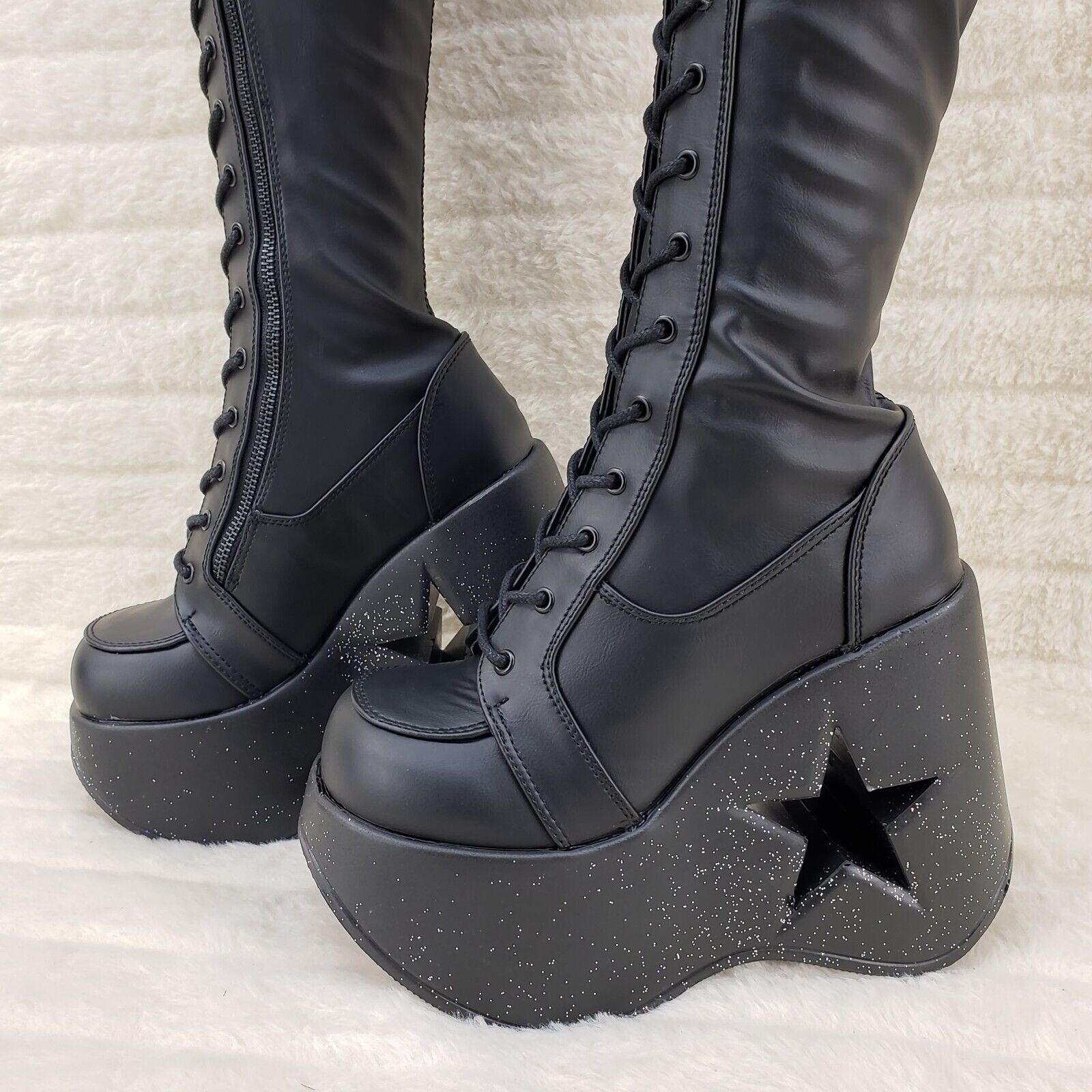 Dynamite 300 Platform 5" Star Heel Stretch Goth Punk Thigh Boots Black Matte NY - Totally Wicked Footwear