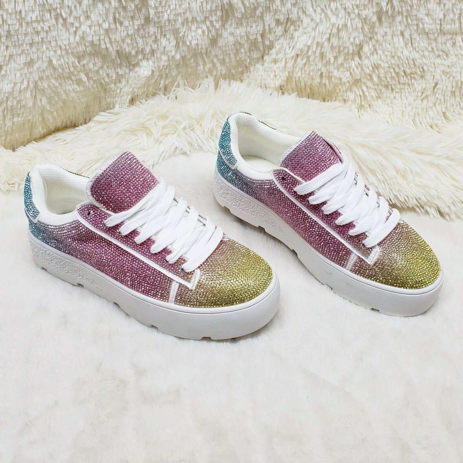 CR Diamond Queen Pastel Ombre Rhinestone Lace Up Platform Bling Sneakers - Totally Wicked Footwear