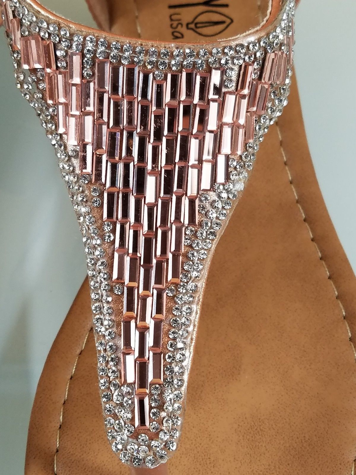 Easy USA Rose Gold Rhinestone Flat Thong Sandal Shoes Closed Back Zipper - Totally Wicked Footwear