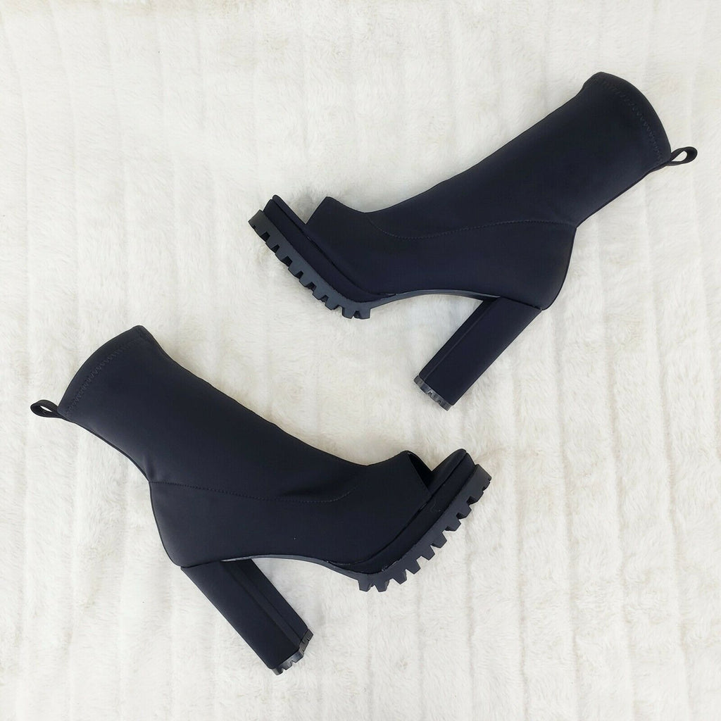 Natalie Black Chunky Heel Stretch Open Toe Lug Sole Ankle Boots - Totally Wicked Footwear