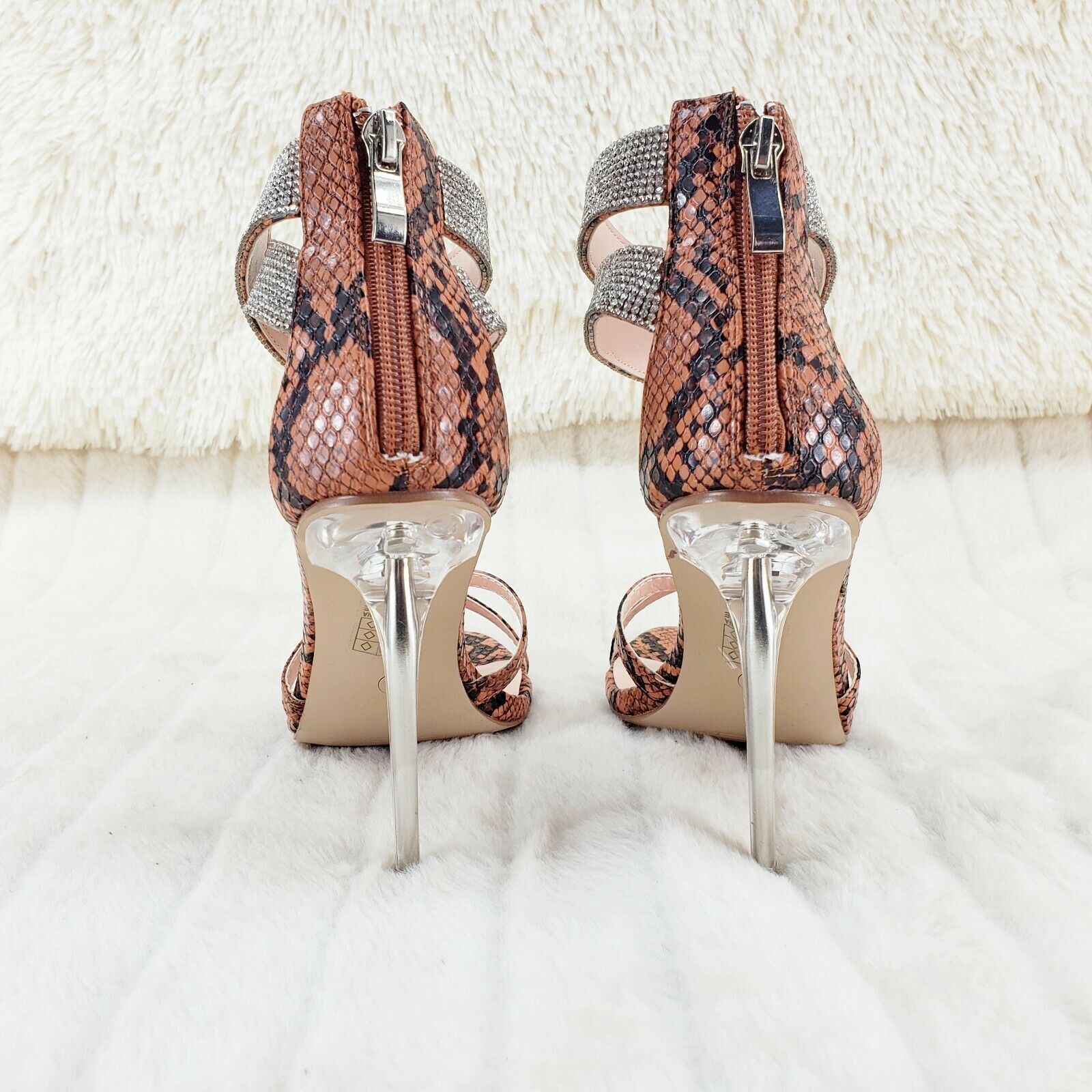Mata Brown Snake Print Rhinestone Double Ankle Strap Closed Back High Heel Shoes - Totally Wicked Footwear