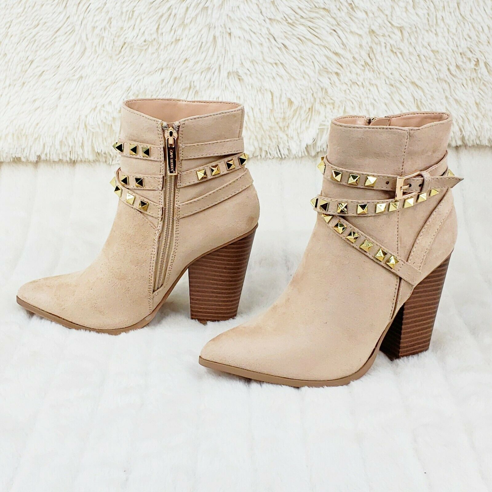 Classic Western Designer Cowboy Style Studded Strap Ankle Boots Nude 6-11 - Totally Wicked Footwear