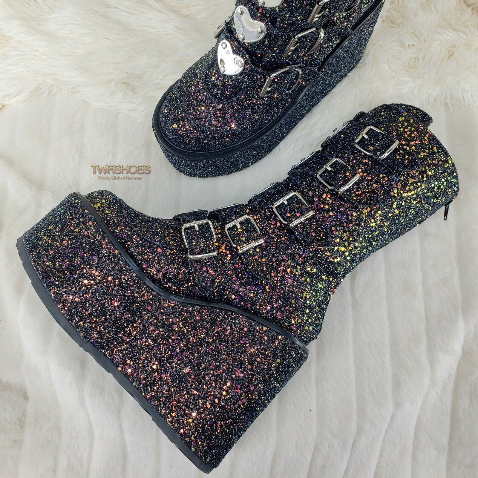 Swing 230G Black Glitter Platform Boots Heart Strap Goth Punk 6-12 Restocked NY - Totally Wicked Footwear