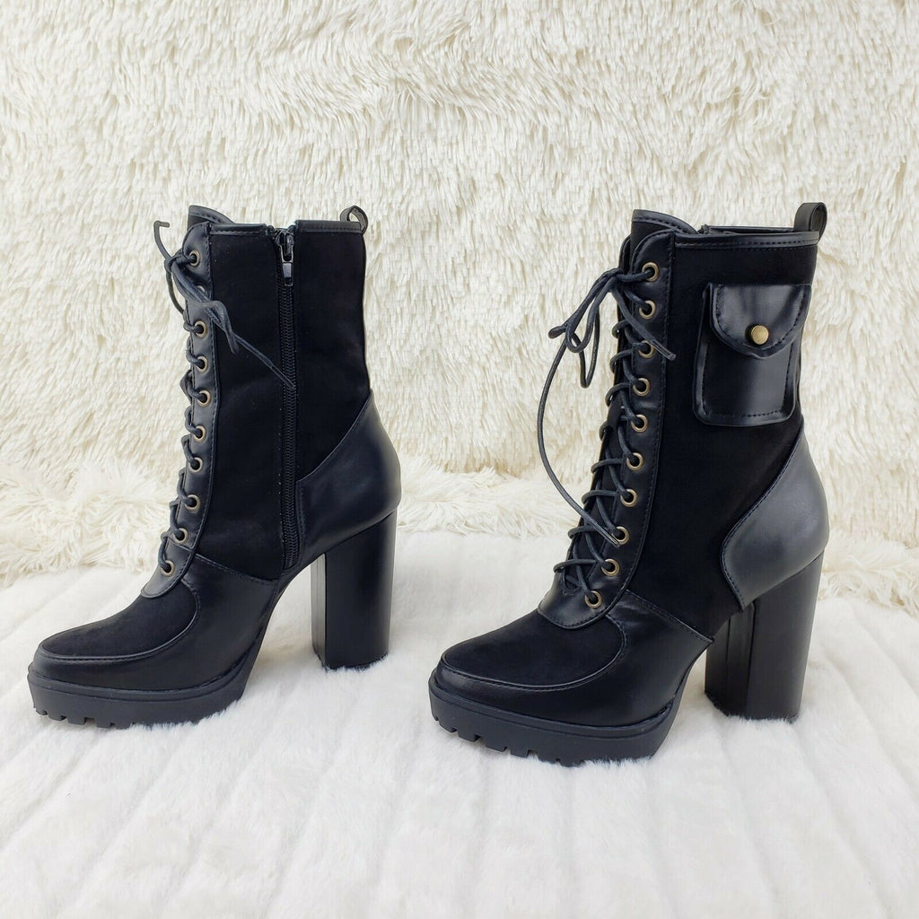 Fashion Ave Chunky Lug Sole Platform Ankle Boots Black False Pocket - Totally Wicked Footwear