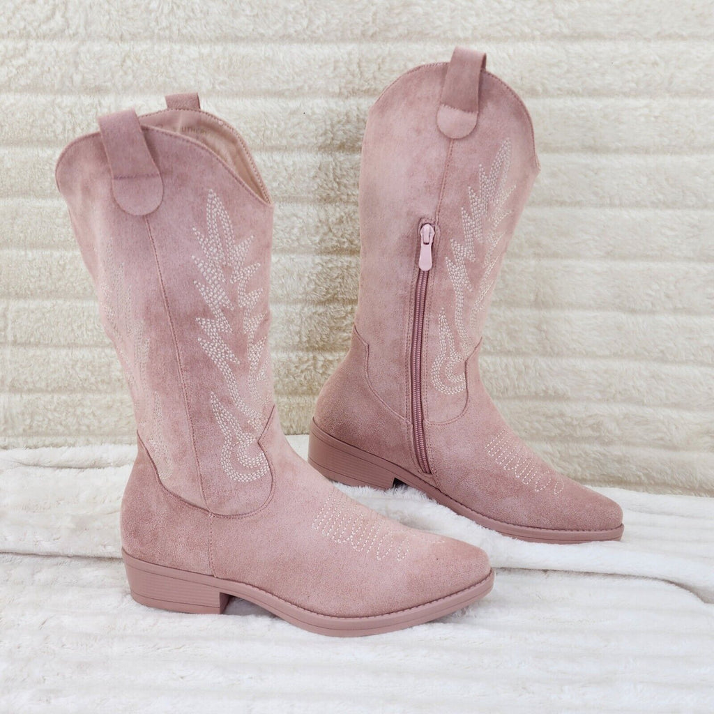 Bella Western Mid-calf Cowboy Cowgirl Boots Tan Low 1.5" Heels Pink Faux Suede - Totally Wicked Footwear